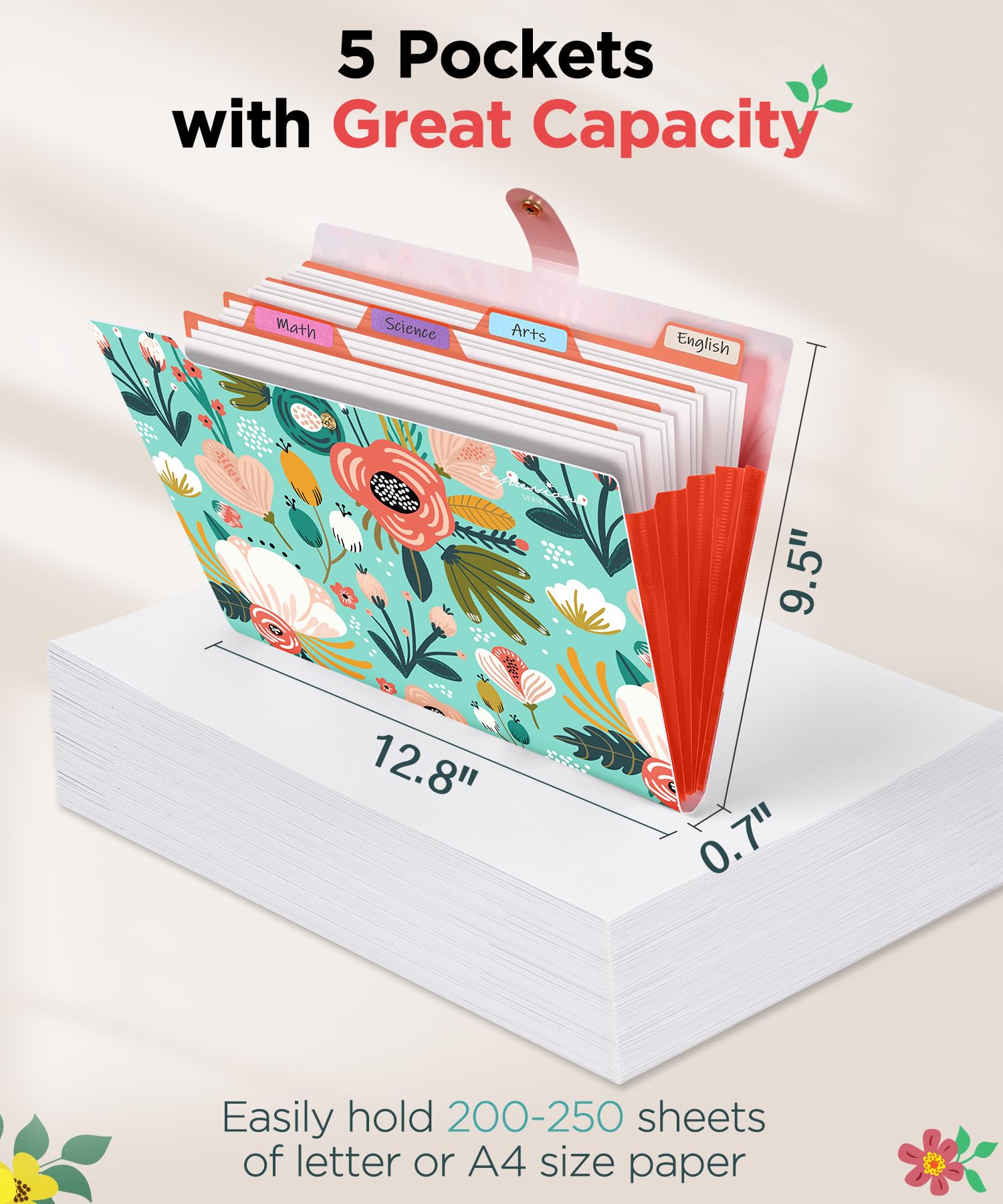 Sooez 5-Pocket Accordion File Organizer with Stickers - Document, Receipt & Bill Filing Folder for School, College, Office & Travel Supplies | Perfect for Organizing Papers, Financial Records & Important Documents