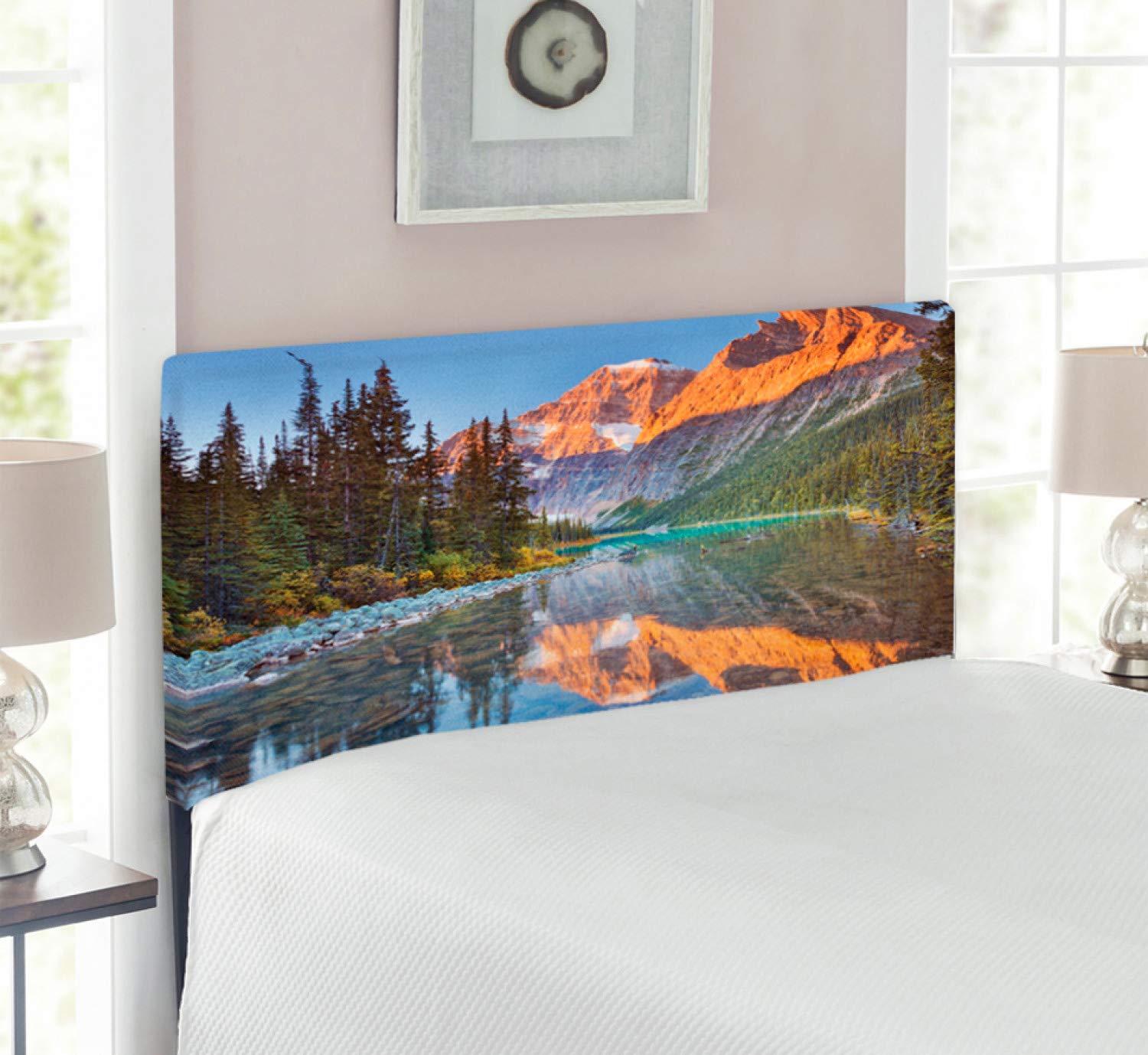 Ambesonne National Parks Headboard - Canadian Rocky Mountain Range & Edith Cavell Lake Scenic Print - Upholstered Metal Bed Headboard with Memory Foam - Twin Size Multicolor - Perfect for Nature Lovers' Bedroom Decor & Cozy Cabin Retreats