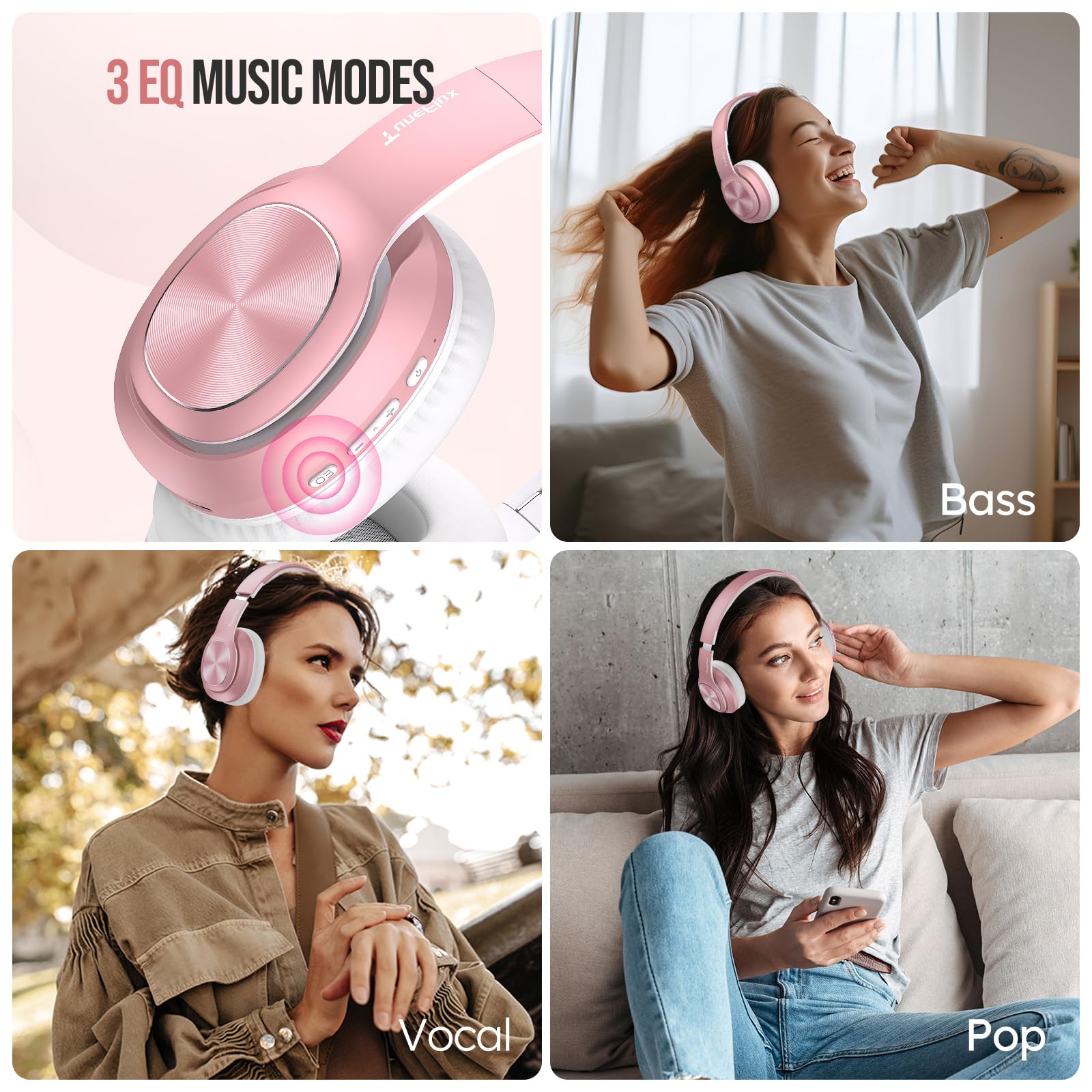 TuneFlux Wireless Bluetooth Over Ear Headphones with 80H Playtime, 3EQ Sound Modes, HiFi Stereo & Deep Bass - Foldable Bluetooth 5.3 Headset for Smartphone, PC, Laptop - Rose Gold | Perfect for Travel, Workouts & Home Office Use