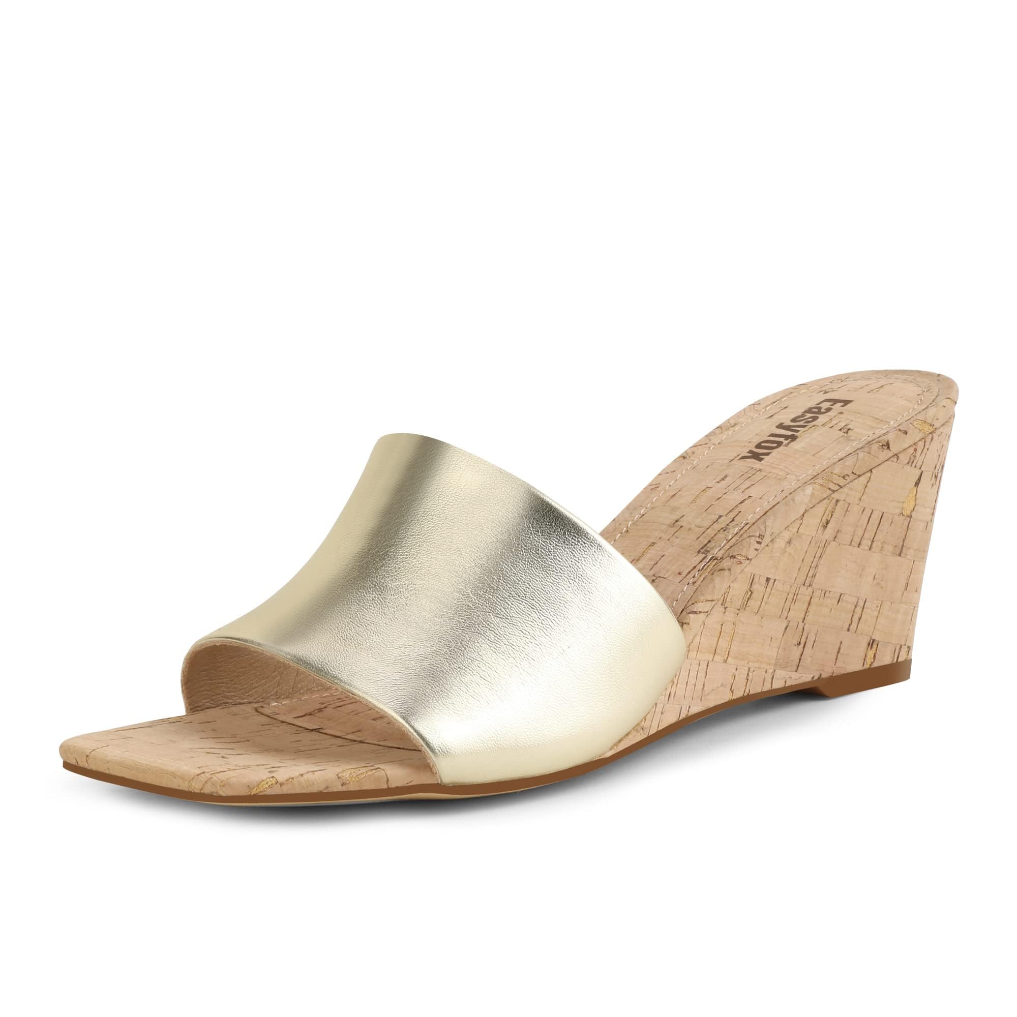 Women's Open Toe Wedge Sandals - Square Toe High Heel Slip-On Mules with Wood Grain Design | Casual Summer Shoes for Beach, Party & Everyday Wear