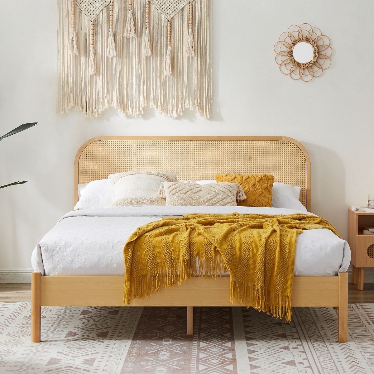 Luxury Rattan Bed Frame with Curved Headboard - Queen Size Bed for Master Bedroom | Boho Chic Bedroom Decor | Eco-Friendly Woven Design for Modern & Coastal Style Homes