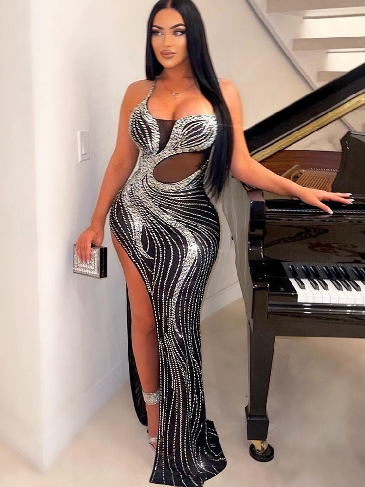 Sparkling Rhinestones Mesh Patchwork Maxi Dress for Women - Elegant Evening Gown for Parties, Prom, and Special Occasions