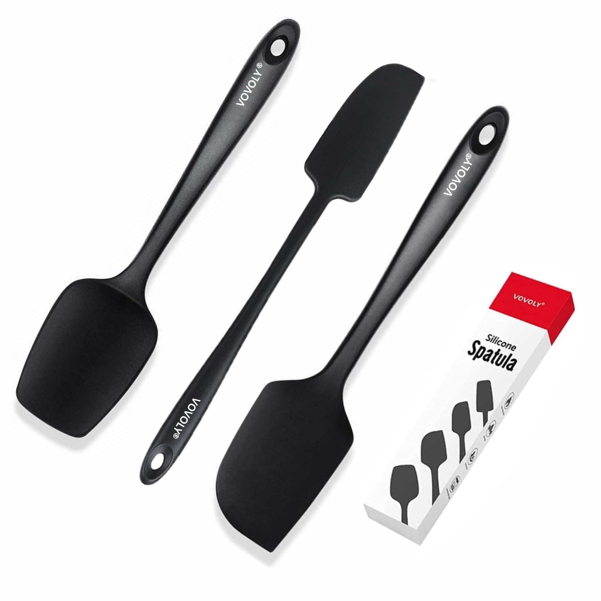 Vovoly Silicone Spatula Set - 3-Piece Nonstick Rubber Spatulas for Baking, Cooking & Mixing | 600°F Heat Resistant Kitchen Utensils with Stainless Steel Core | BPA Free, Seamless Design & Dishwasher Safe (Black) | Perfect for Cake Decorating, Cookie Dough & Pancake Flipping