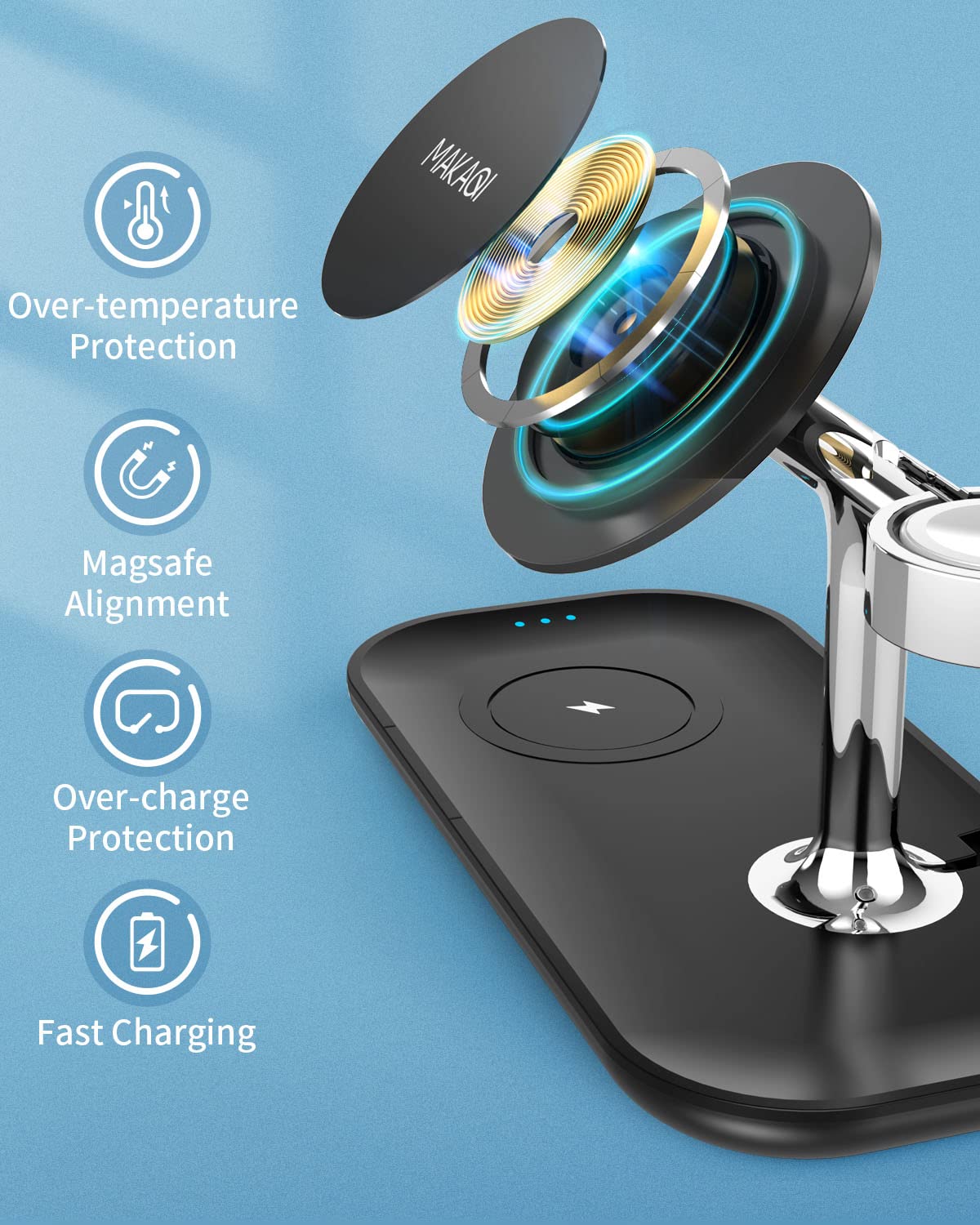 3-in-1 Magnetic Wireless Charging Station for iPhone 16/15/14/13/12, Apple Watch & AirPods Pro/4/3/2 - Fast Qi-Certified Charger with Magsafe Compatibility (Includes Cable & Wall Adapter) - Perfect for Home, Office & Travel Charging Needs