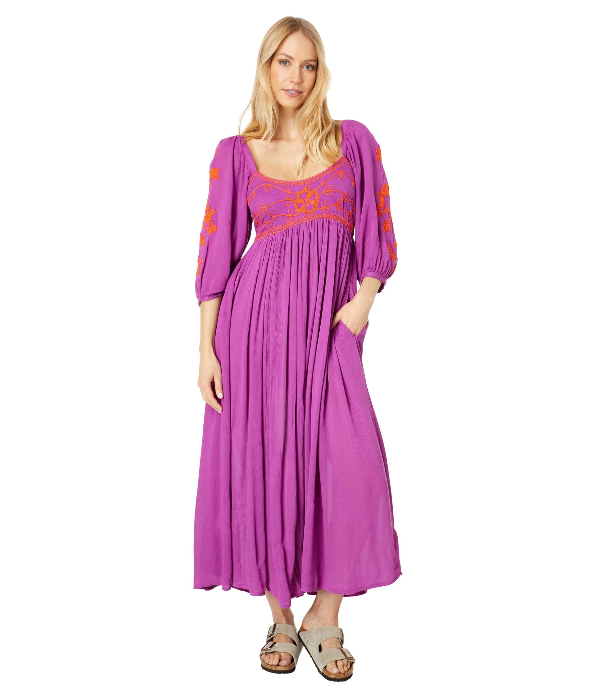 Free People Wedgewood Maxi Dress for Women - Floral Embroidered V-Neck Summer Pleated Long Dress (XS, Women's 0-2) | Boho Chic Beach Wedding & Vacation Outfit