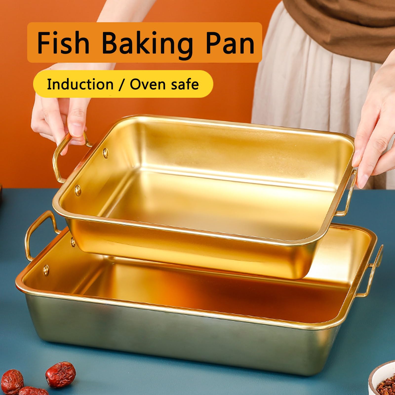 SvRite Stainless Steel Rectangular Roasting Pan with Handles - Oven & Dishwasher Safe Baking Tray for Turkey, Chicken, Fish, Lasagna (30cm, Gold) | Perfect for Holiday Cooking, Family Dinners & Party Serving