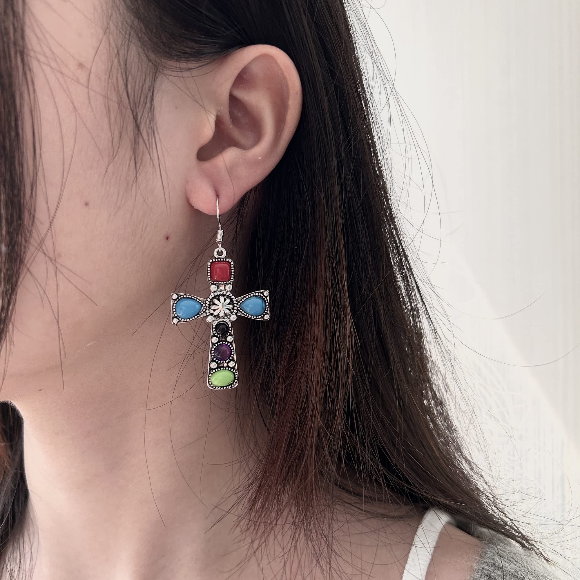 Boho Cross Metal Engraved Turquoise Amethyst Drop Earrings for Women - Handmade Gemstone Jewelry for Casual Wear, Parties & Gift Giving