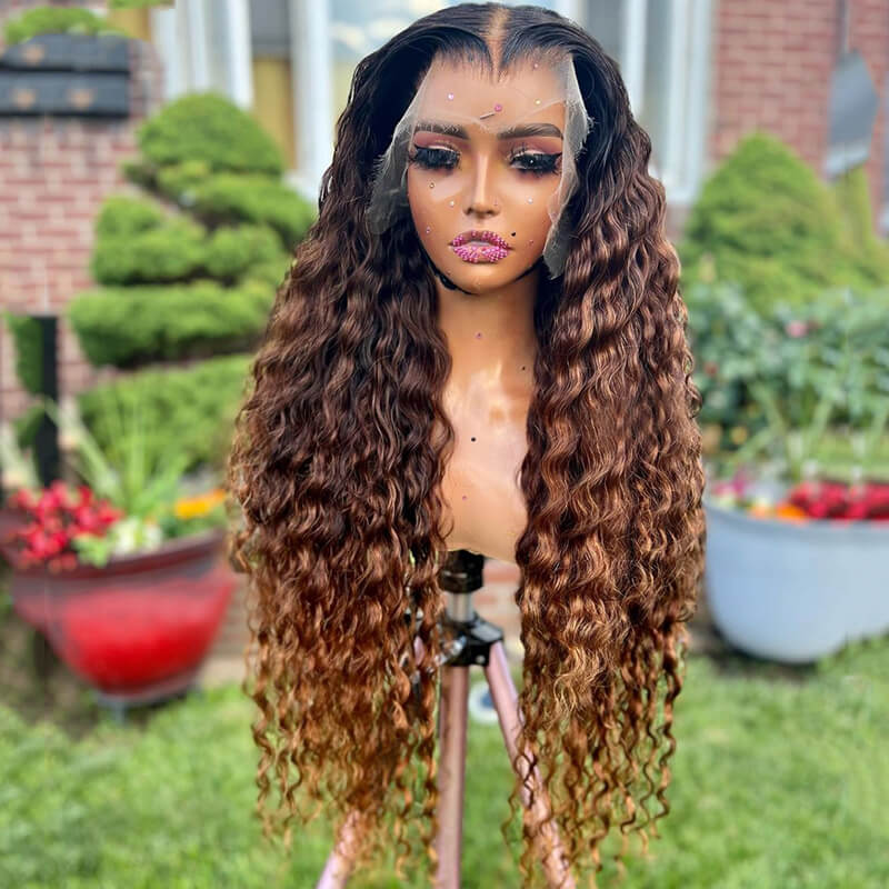 Eullair Ombre 1B/Brown Deep Curly Human Hair Wig with Transparent HD Lace Frontal - Natural Looking Wigs for Black Women | Perfect for Daily Wear, Parties & Special Occasions