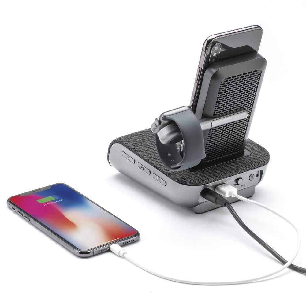 iHome TIMEBASE PRO+ Triple Charging Alarm Clock with Qi-Certified Wireless Charger, Apple Watch Charger, Bluetooth Speaker & USB Ports | Fast Charging for iPhone, Android, AirPods | Bedside, Office, Travel Use (Model iWBTW200B)
