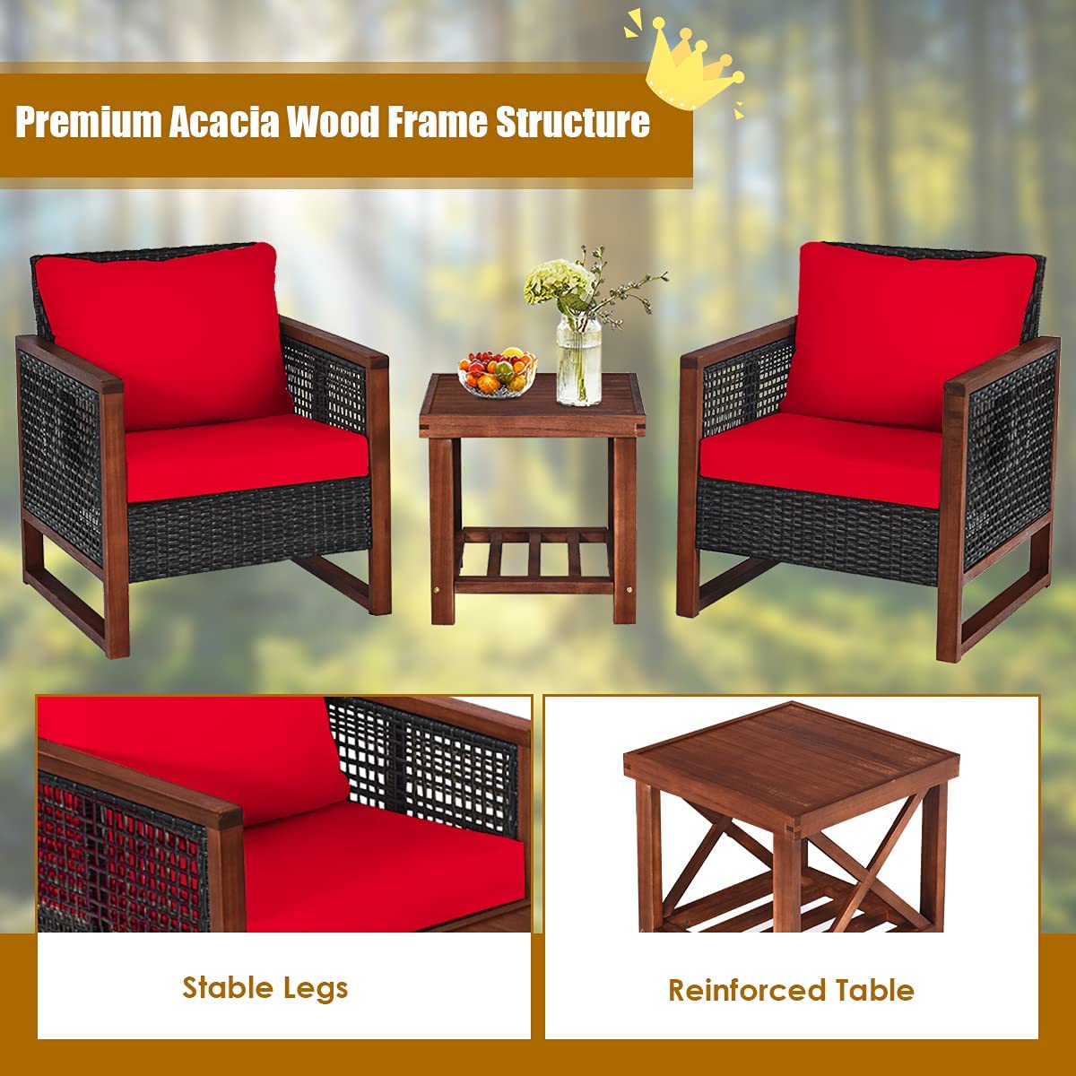 HappyGrill 3-Piece Outdoor Patio Furniture Set - Acacia Wood Wicker Chairs with Coffee Table & Washable Cushions - Perfect for Balcony, Porch, Garden, Poolside & Backyard Relaxation