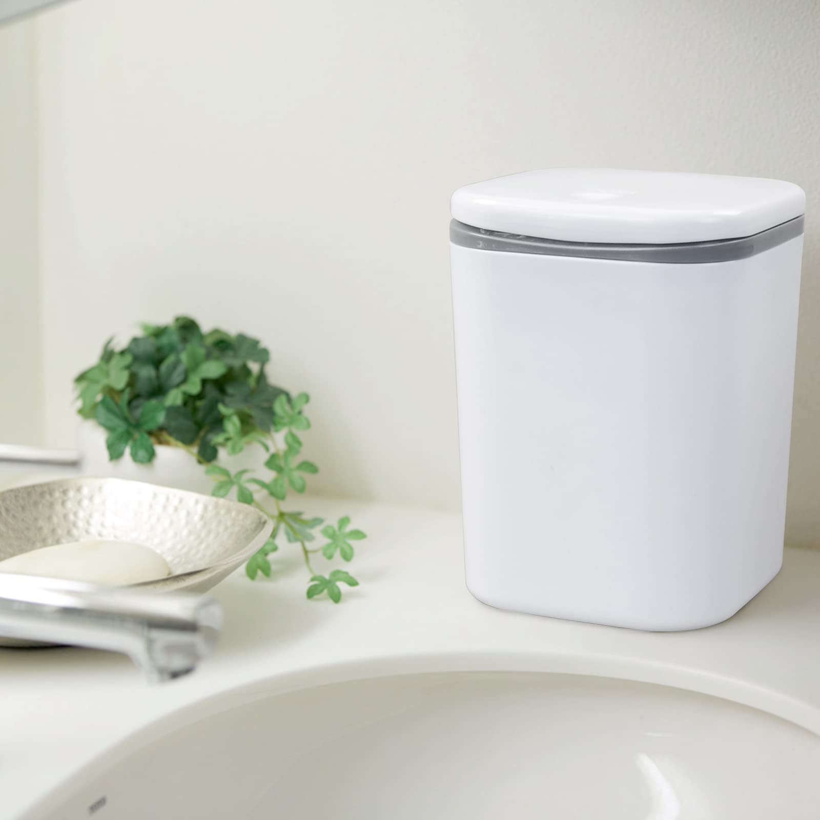 Vababa 2 Liter / 0.5 Gallon Small Trash Can with Push Button Lid - Compact Mini Garbage Bin for Bathroom, Office, or Bedroom - White