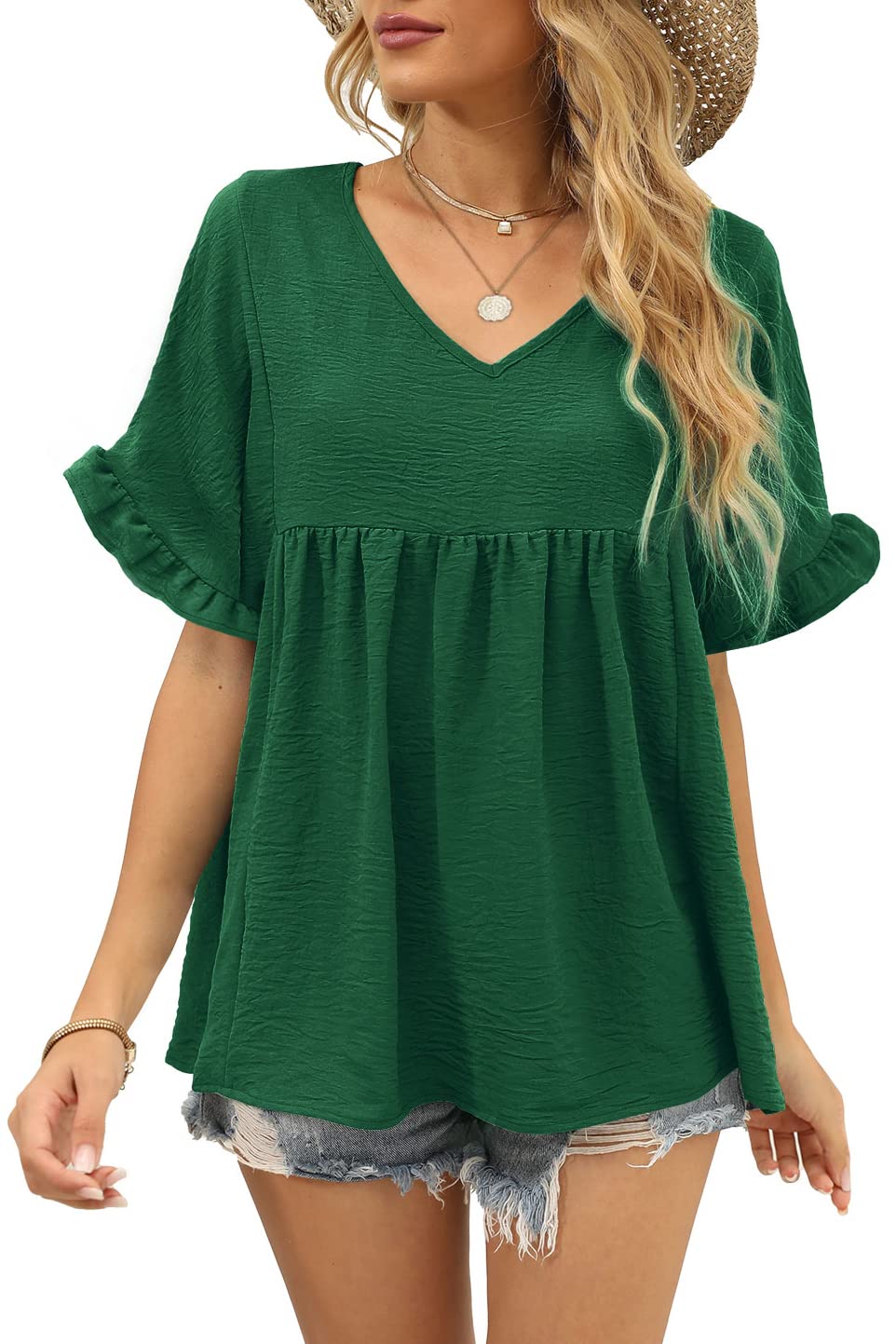 WIHOLL Women's Casual V-Neck Ruffle Sleeve T-Shirt | Loose Fit Babydoll Peplum Top | Perfect for Summer Outfits, Date Nights & Office Wear