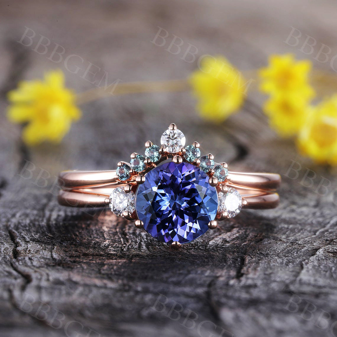 Tanzanite Engagement Ring Set for Women - Rose Gold Three Stone Bridal Ring - Perfect Wedding, Anniversary & Proposal Gift - Elegant Jewelry for Special Occasions