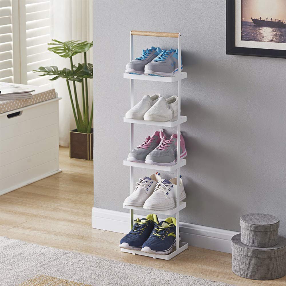 White Stackable 5-Tier Shoe Rack - Wrought Iron & Natural Wood Vertical Storage Organizer (25.6×17.3×92cm) - Holds 5 Pairs of Shoes - Perfect for Entryway, Closet & Small Space Organization