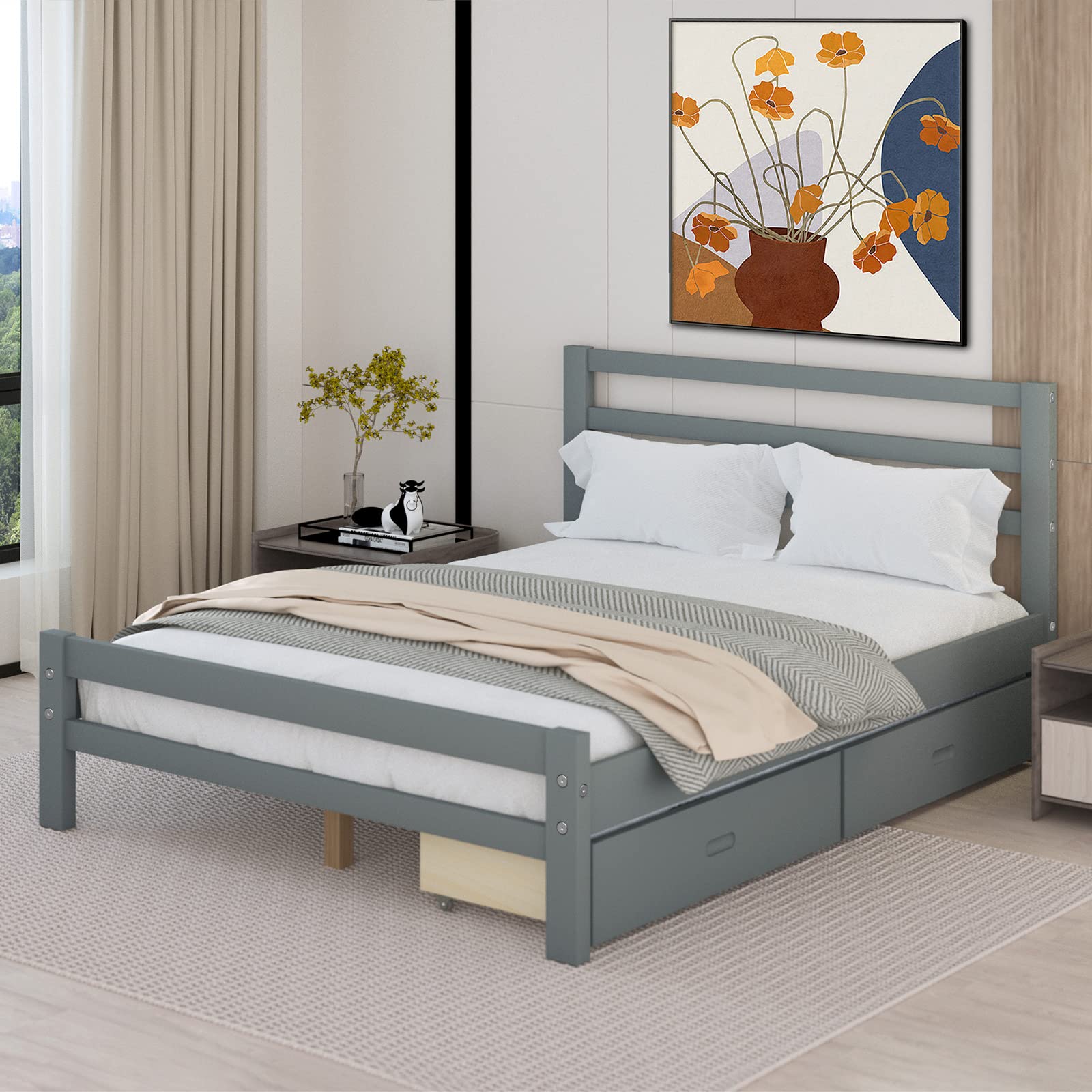 Baysitone Full Size Platform Bed Frame with 2 Storage Drawers & Headboard - 10 Wood Slats Support, 500 lbs Weight Capacity, No Box Spring Needed (Bright Gray) - Perfect for Small Bedrooms, Guest Rooms & Space-Saving Storage Solutions