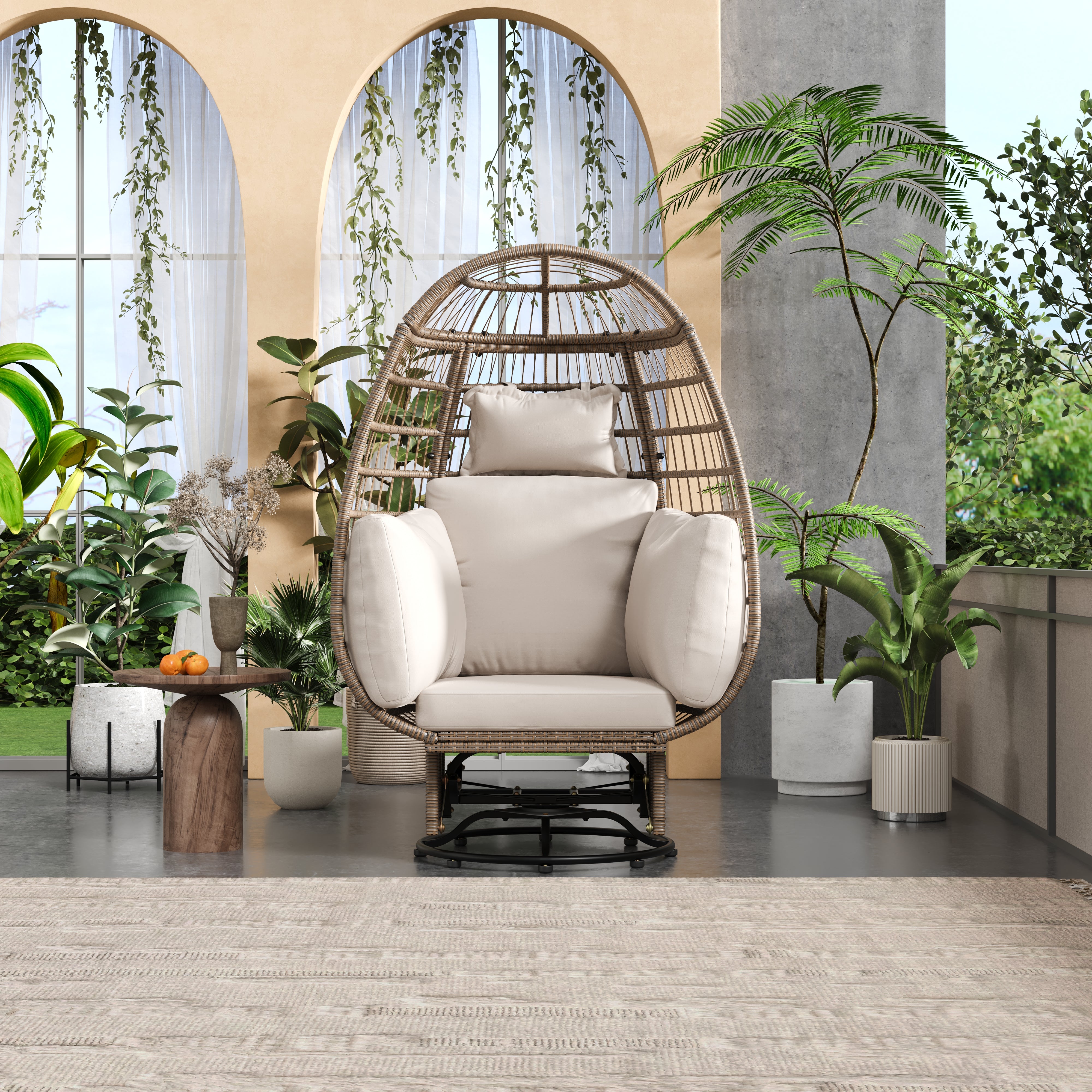 Outdoor Swivel Rocking Chair with Cushions - Rattan Egg Patio Chair for Balcony, Poolside, Garden - Perfect for Relaxing, Lounging & Sunbathing