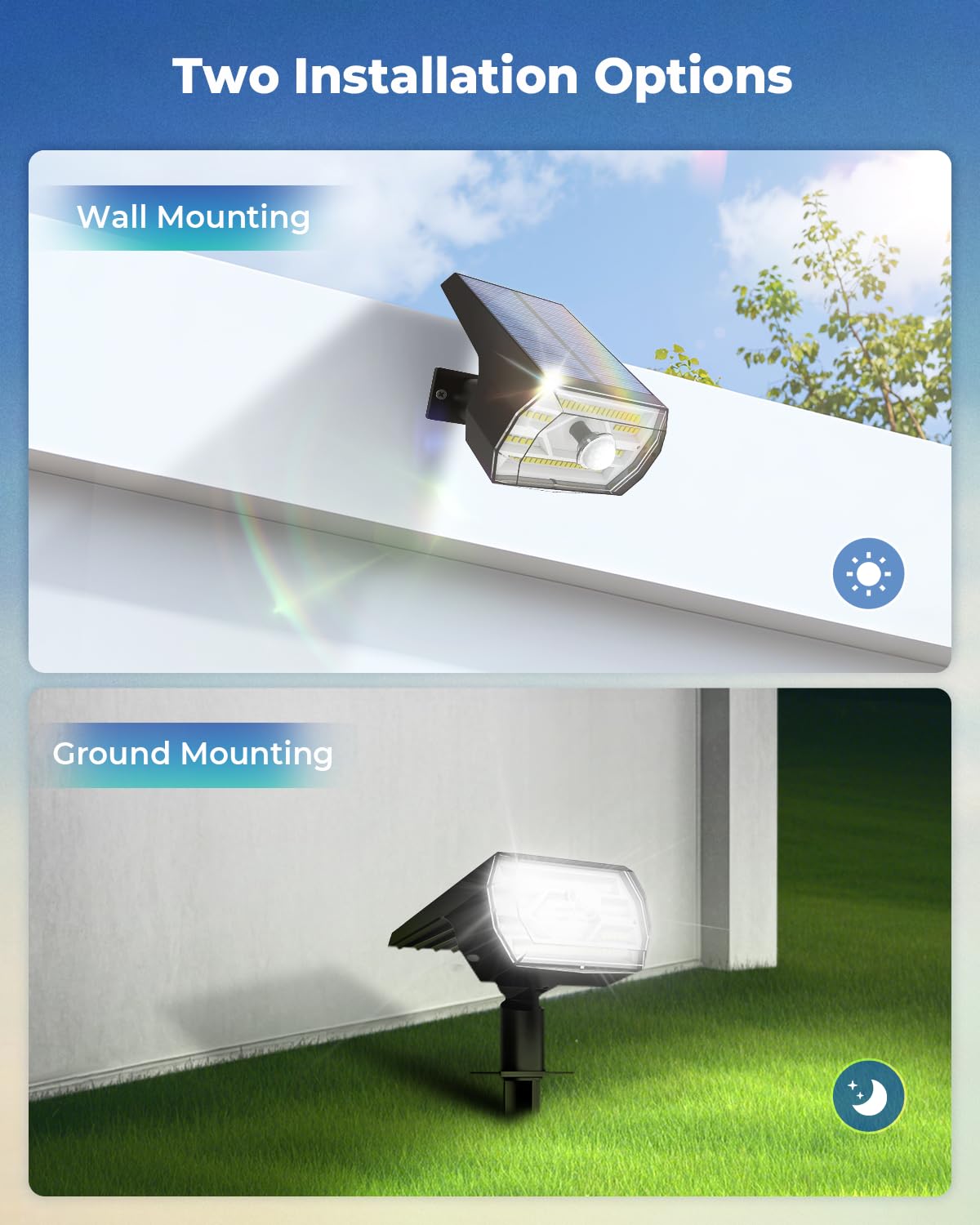 60 LED Solar Spot Lights Outdoor 2 Pack - IP67 Waterproof Solar Motion Sensor Lights with 3 Modes & Optical Lenses - Auto On/Off Solar Security Lights for Yard, Garden, Lawn, Pathway, Deck & Patio Lighting