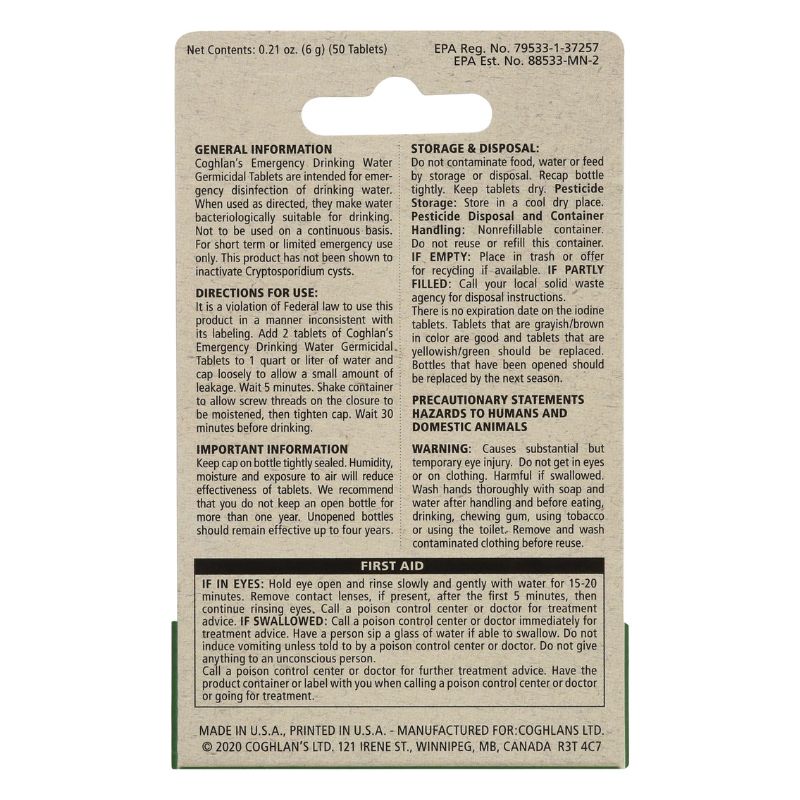 Coghlan's Emergency Drinking Water Tablets - 50 Count, Water Purification Tablets for Camping, Hiking, Survival & Emergency Preparedness - Safe for Travel, Backpacking & Outdoor Adventures