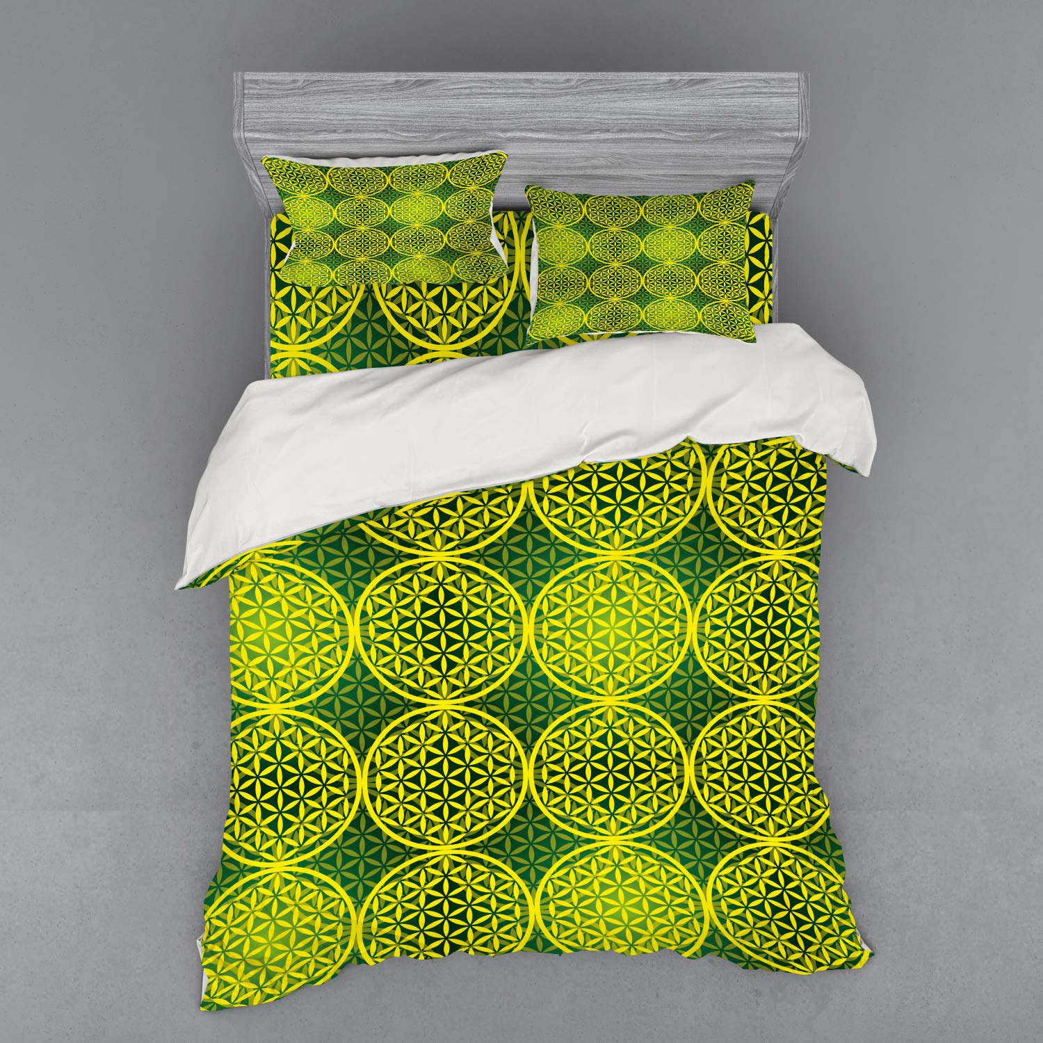 Ambesonne Abstract Bedding Set - Modern Vivid Flower of Life Meditation Design 4-Piece Duvet Cover Set with Pillow Shams & Fitted Sheet, Queen Size in Yellow & Hunter Green | Perfect for Boho Chic Bedrooms, Meditation Spaces & Modern Home Decor