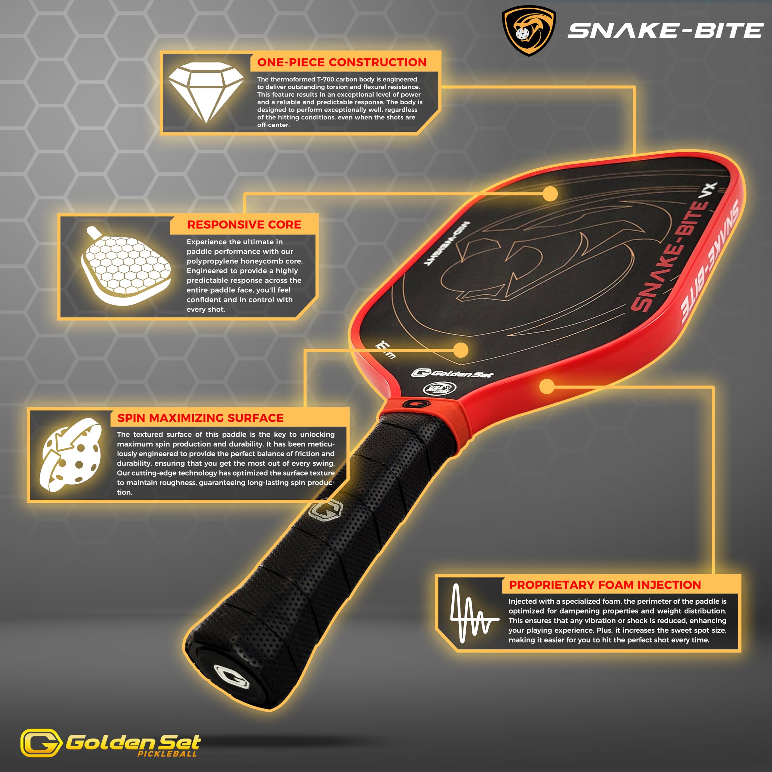 Premium Golden Set Snake-Bite VX Pickleball Paddle - USAP Approved Thermoformed T-700 Carbon Fiber Mid-Weight Paddle for Competitive Play & Tournament Use - Perfect for Outdoor & Indoor Pickleball Games