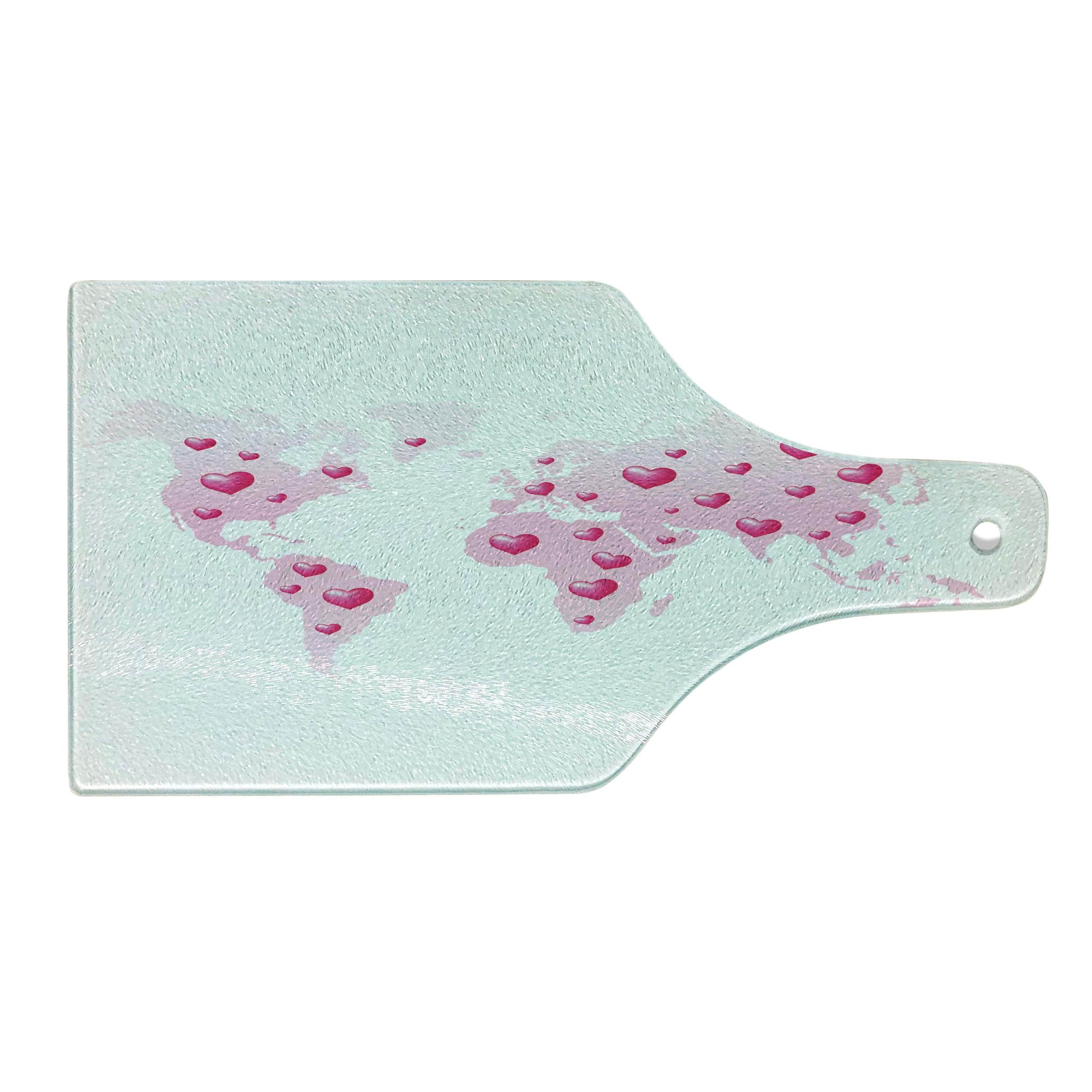 Ambesonne Cartoon Cutting Board - World Map with Hearts, Love Planet Earth Theme - Tempered Glass Serving Board for Kitchen & Dining - Wine Bottle Shape in Pale Pink & Fuchsia - Perfect for Charcuterie, Cheese, and Party Appetizers