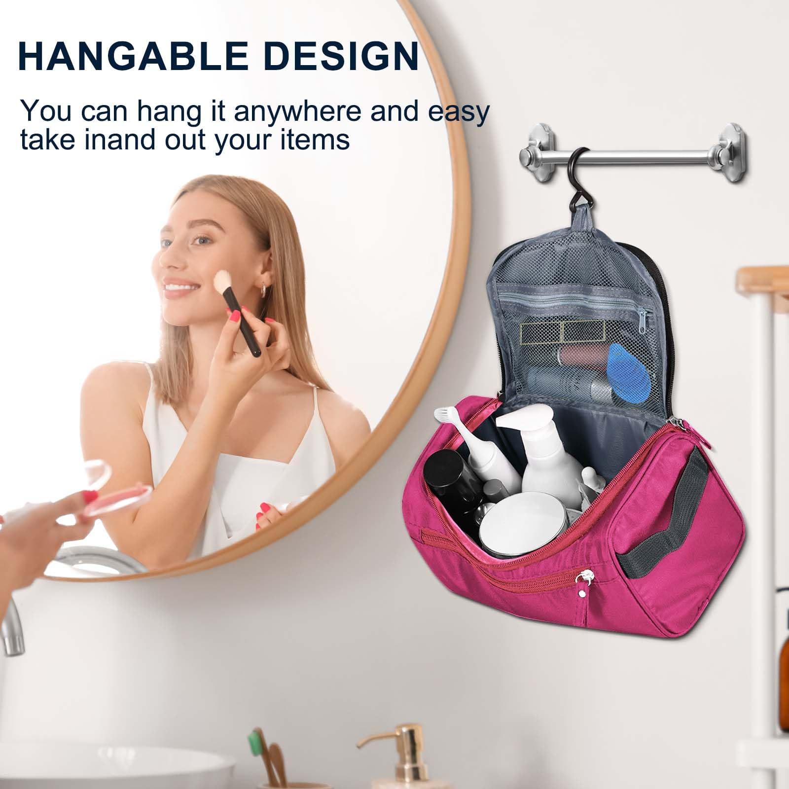 Hanging Toiletry Bag for Travel - Large Capacity Cosmetic Organizer with Hook for Women & Men | Perfect for Makeup, Brushes, Shaving Tools | Ideal for Camping, Gym, Business Trips (Red)
