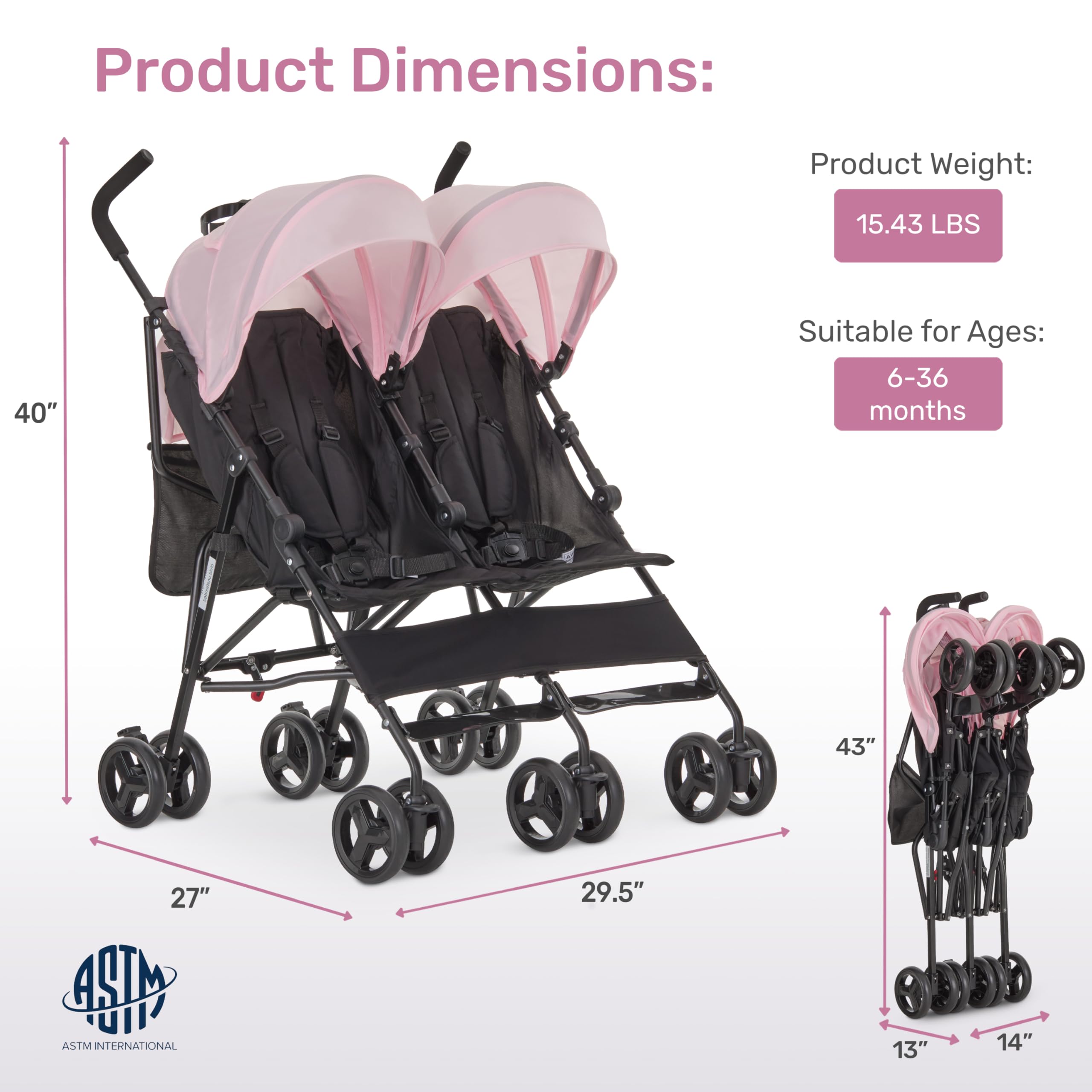 Dream On Me Twin Venture Umbrella Stroller - Lightweight Compact Double Stroller for Toddlers & Infants, Pink | Perfect for Travel, Shopping & Everyday Use