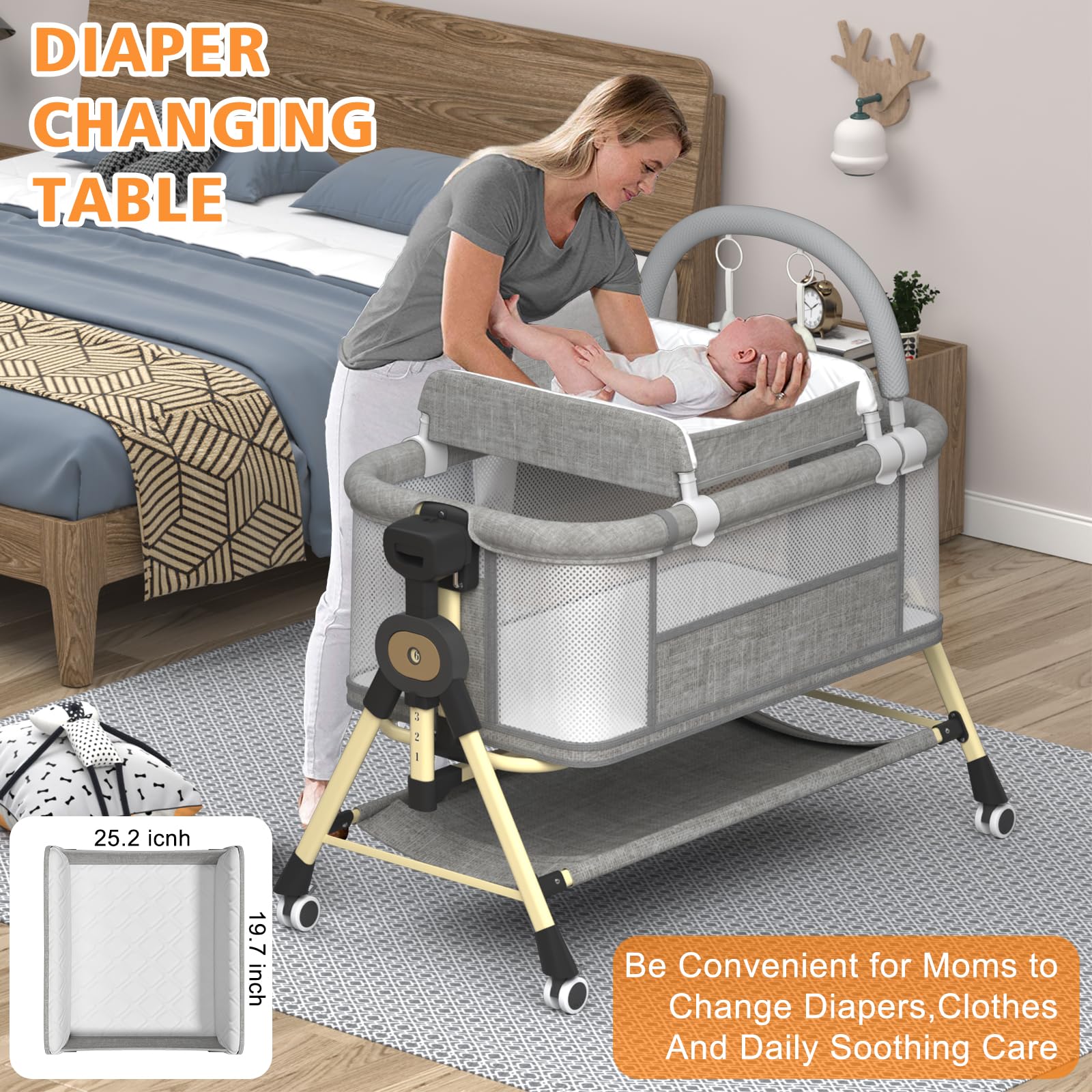 4-in-1 Portable Baby Bassinet with Changing Station & Storage Basket - CPSC Certified Bedside Sleeper with Horizontal Sway Function for Newborns | Perfect for Nursery, Bedside Co-Sleeping & Travel