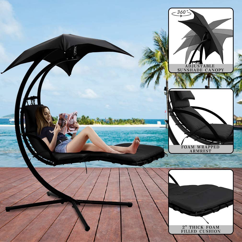 Black Hanging Chaise Lounger - Outdoor Patio Swing Chair with Adjustable Canopy & Arc Stand for Porch, Garden, Poolside Relaxation | Perfect for Napping, Reading & Sunbathing Indoors & Outdoors