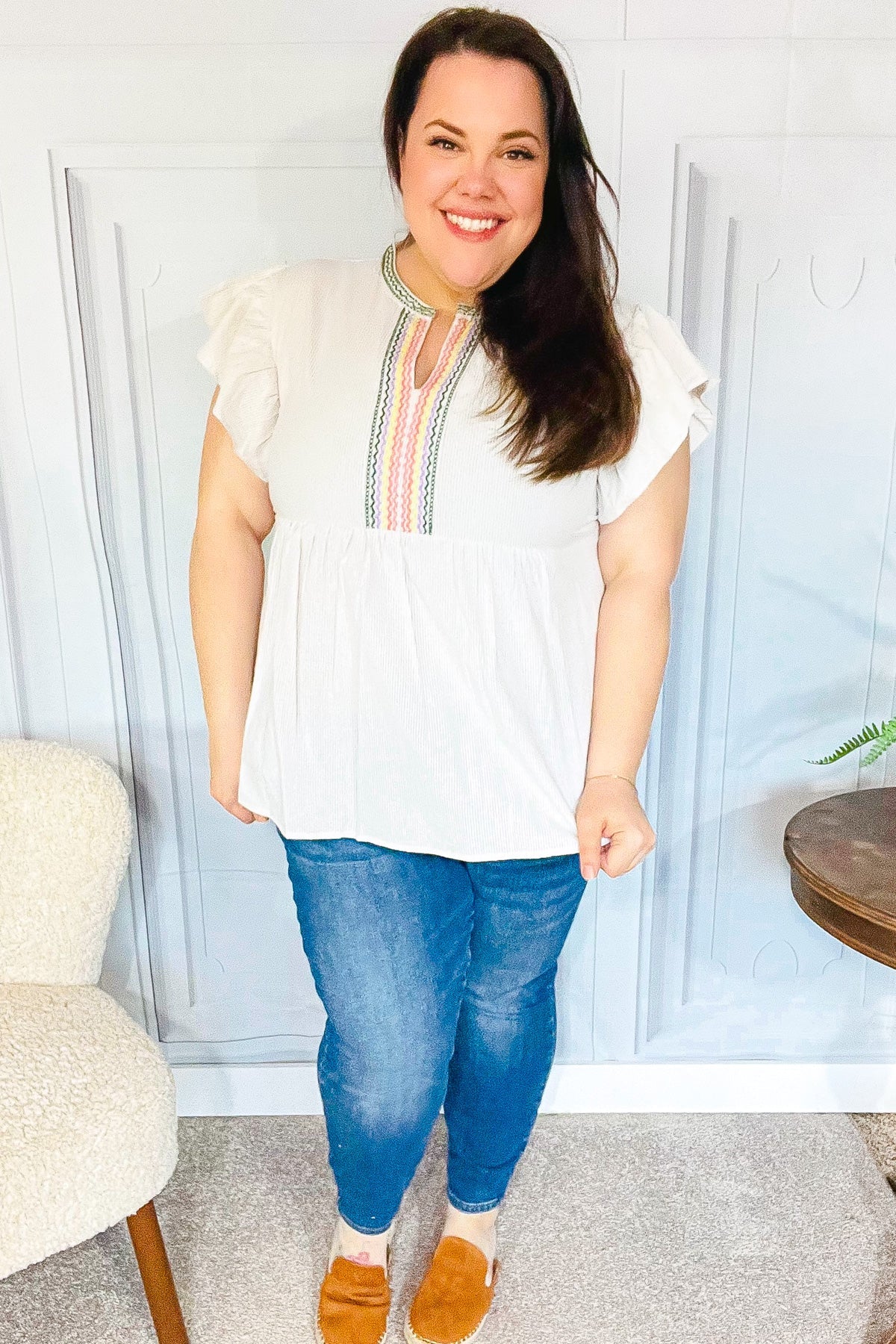 Haptics Weekend Ready Taupe Embroidered Notched Neck Babydoll Top - Women's Casual Boho Blouse for Brunch, Date Night & Summer Outings