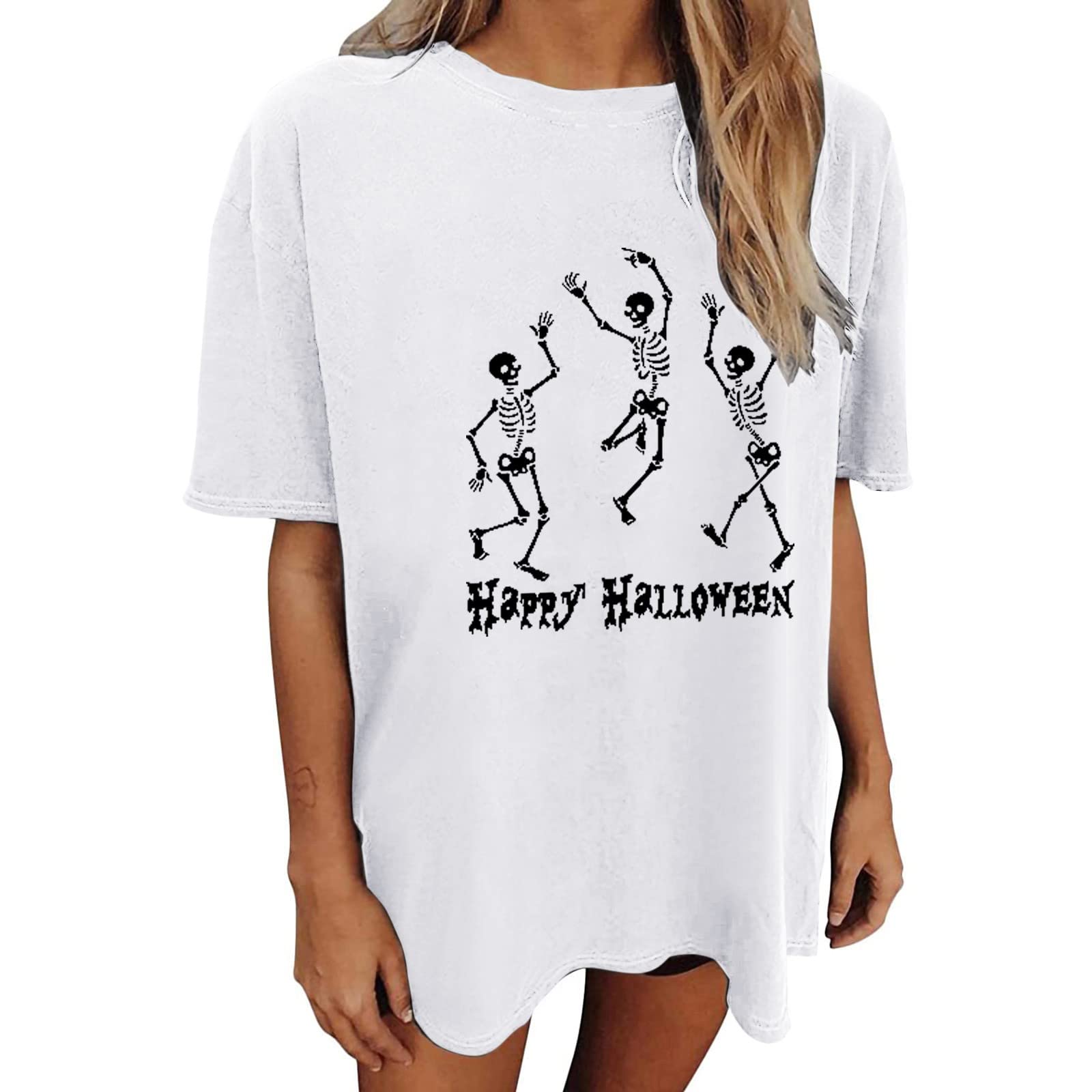 Halloween Women's Short Sleeve Skeleton Print T-Shirt - Funny Casual Loose Fit Crew Neck Tee for Costume Parties & Spooky Outfits