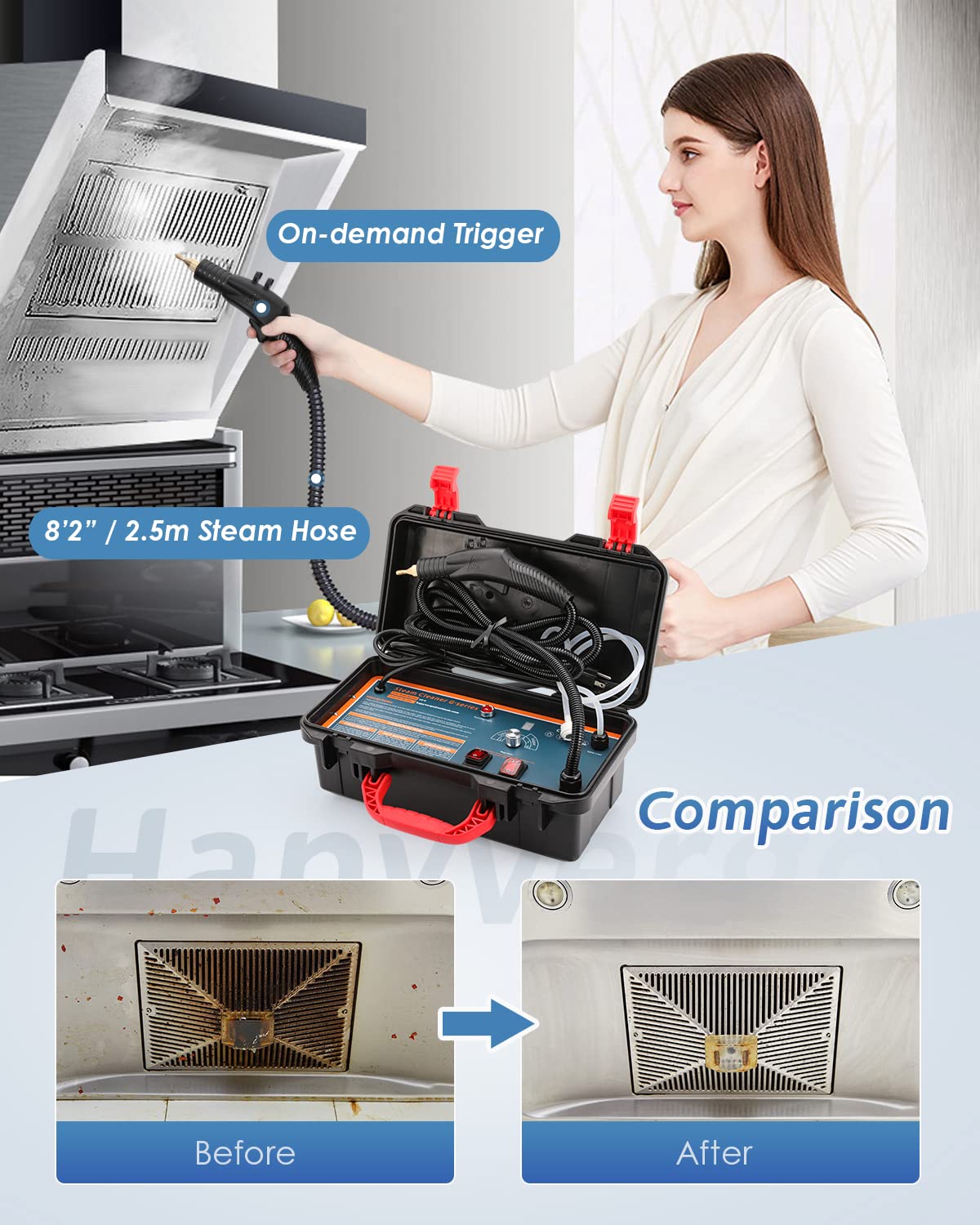 1700W High-Pressure Steam Cleaner G-Series with 2 Nylon Brushes & 2 Brass Brushes - Heavy Duty Cleaning for Floors, Tiles, Grout, Cars, and Outdoor Surfaces