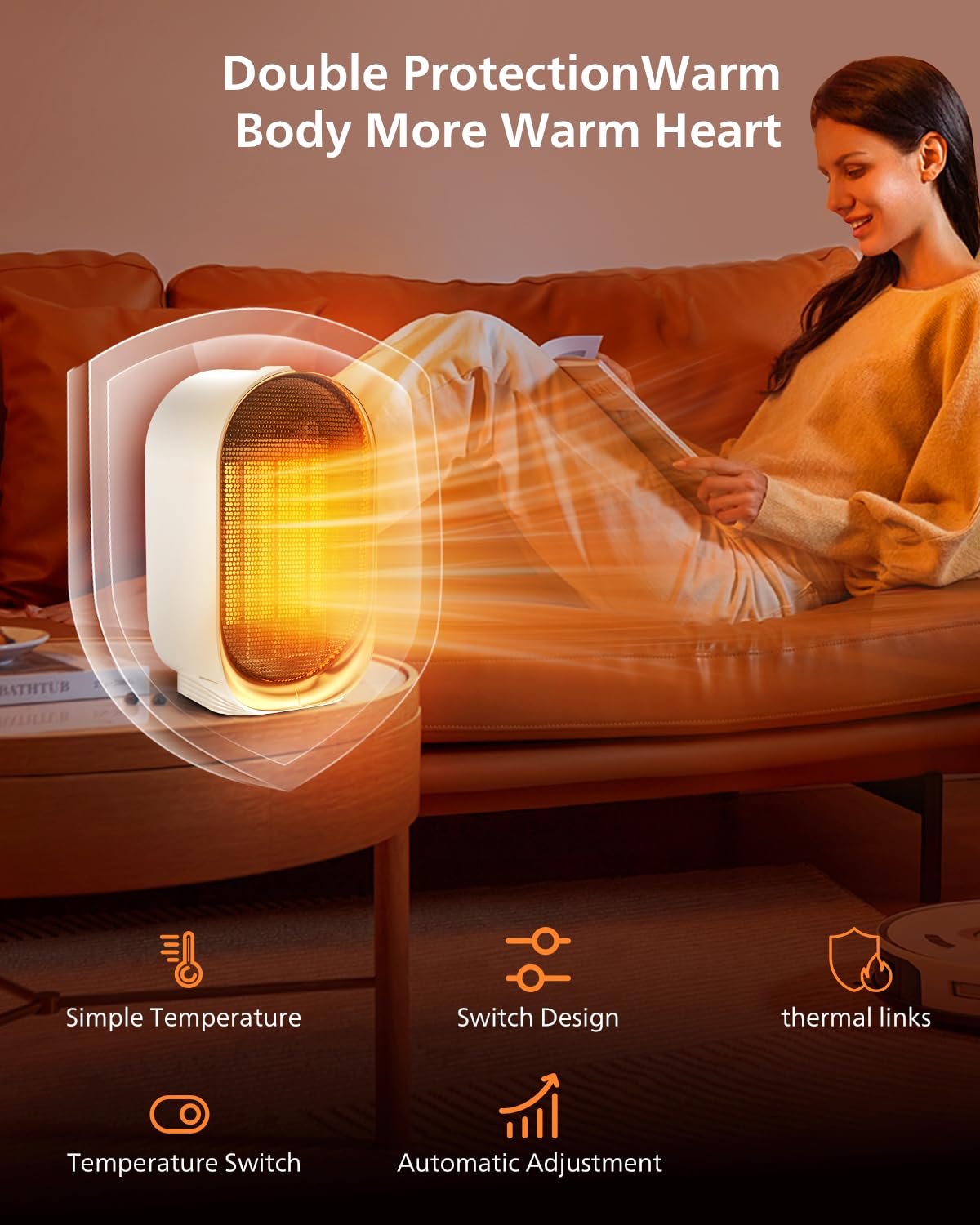 QQT Portable Mini Space Heater - Energy Efficient 2-Speed Indoor Heater Fan with Adjustable Thermostat & Triple Protection - Perfect for Bedroom, Office, Home Use (White) | Compact Heating Solution for Winter, Small Rooms & Personal Workspace Warmth