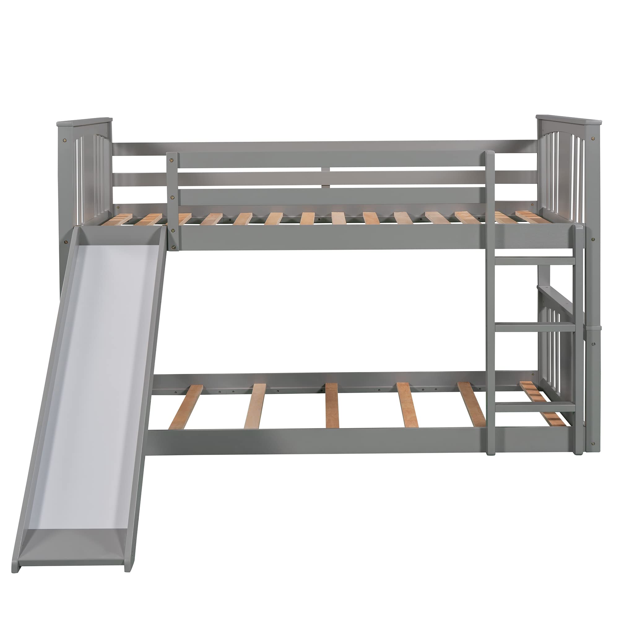 SOFTSEA Low Twin Over Twin Bunk Bed with Slide & Built-in Ladder - Kids Floor Bunk Bed for Small Spaces | Perfect for Siblings Sharing Room or Sleepovers