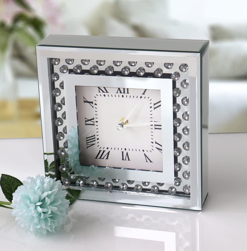 Crystal Sparkle Silent Desk Clock - 8x8x2 Inch Square Mirrored Table Top Decorative Clock with Diamond Accents for Home & Office Decor | Perfect for Bedroom, Living Room, or Gift Giving