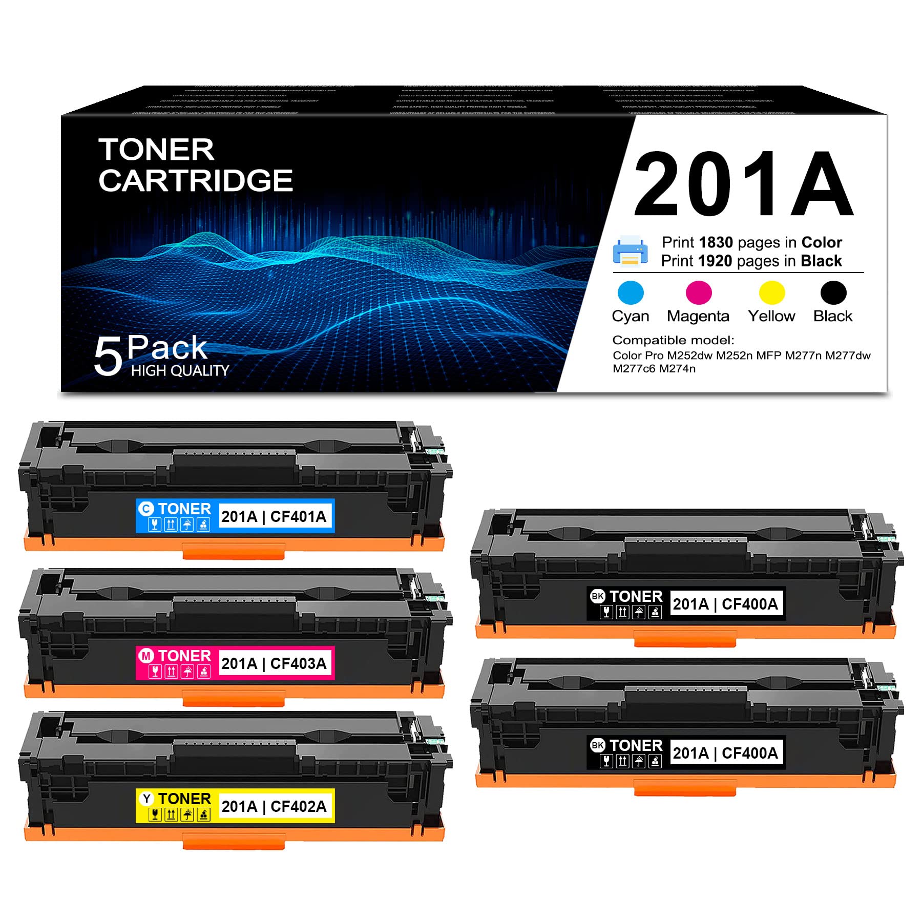 ETECHWORK (5-Pack) Premium Compatible Toner Cartridge for HP Color Pro M277dw M252dw M277n M274n M252n Printers - Black, Cyan, Magenta, Yellow - High Yield Replacement for CF400A CF401A CF402A CF403A 201A 201X - Ideal for Home & Office Printing Needs