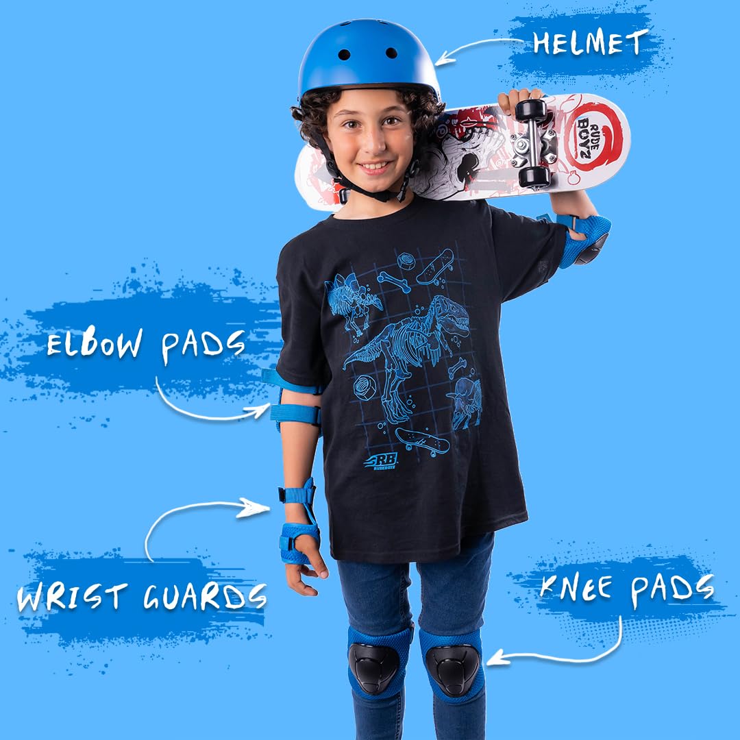 Rude Boyz Kids Skateboard & Bike Helmet Protective Gear Set - Youth Knee Pads, Elbow Pads, Wrist Guards for Boys & Girls - Perfect for Skateboarding, Cycling & Scooter Riding Safety