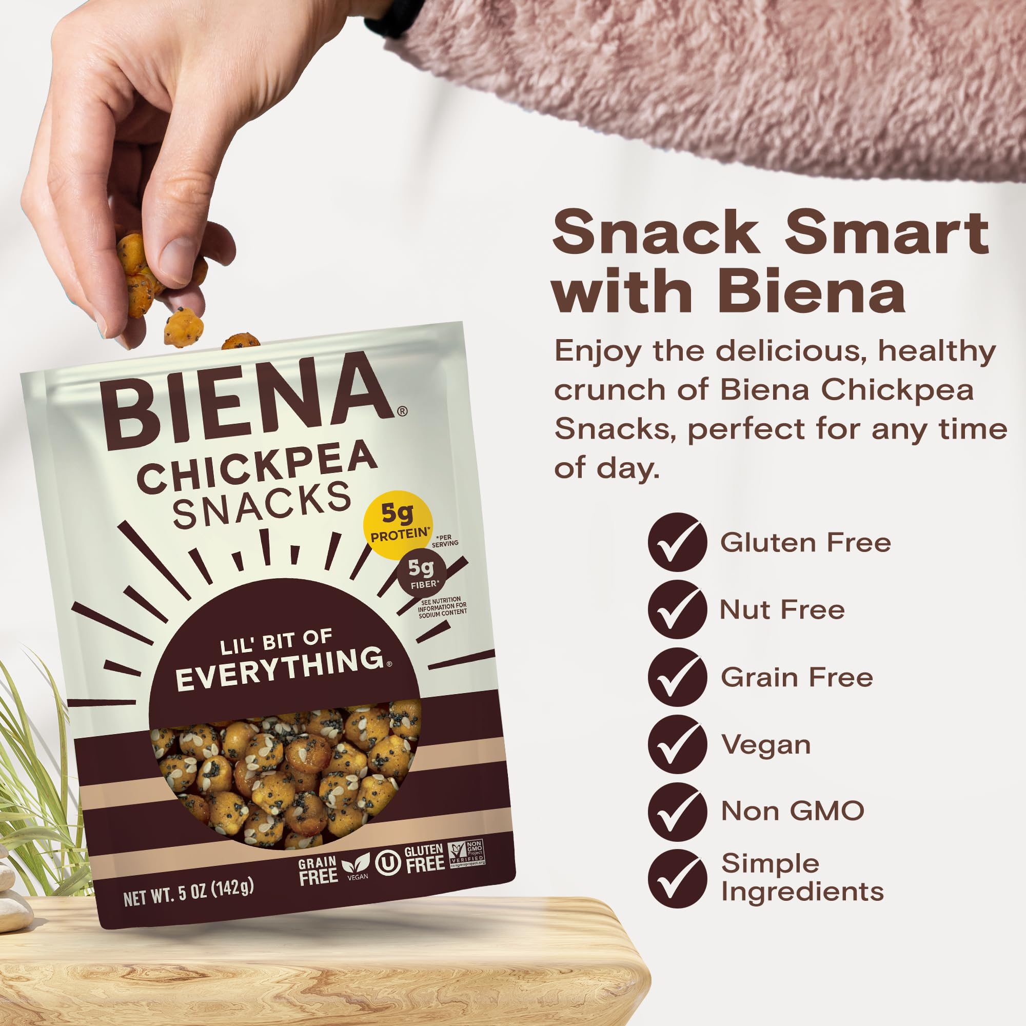 Biena Crispy Roasted Chickpea Snacks - High Protein & Fiber, Gluten Free, Non-GMO, Plant-Based Healthy Snacks for Adults & Kids (4-Pack, 5oz Bags) - Perfect for On-the-Go, School Lunches & Office Snacking