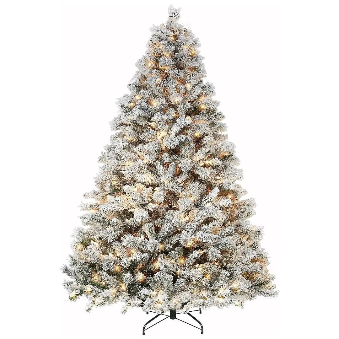 6'/7.5'/9' Flocked Snow Christmas Tree with Pine Cones & Warm White LED Lights - Hinged Branches & Sturdy Metal Stand for Holiday Home Decor, Office, and Party Decoration