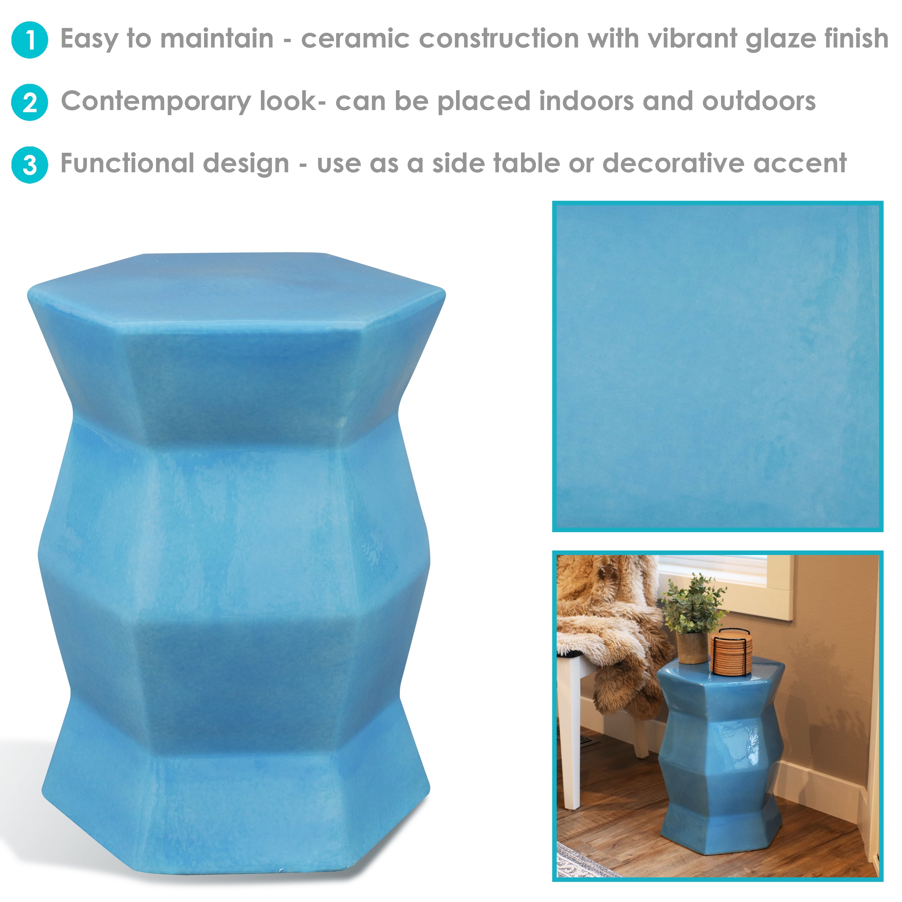 Modern Geometric Ceramic Garden Stool & Side Table - 17.25 Inch Outdoor Patio, Porch, or Balcony Decor - Handcrafted Home & Garden Accent Piece
