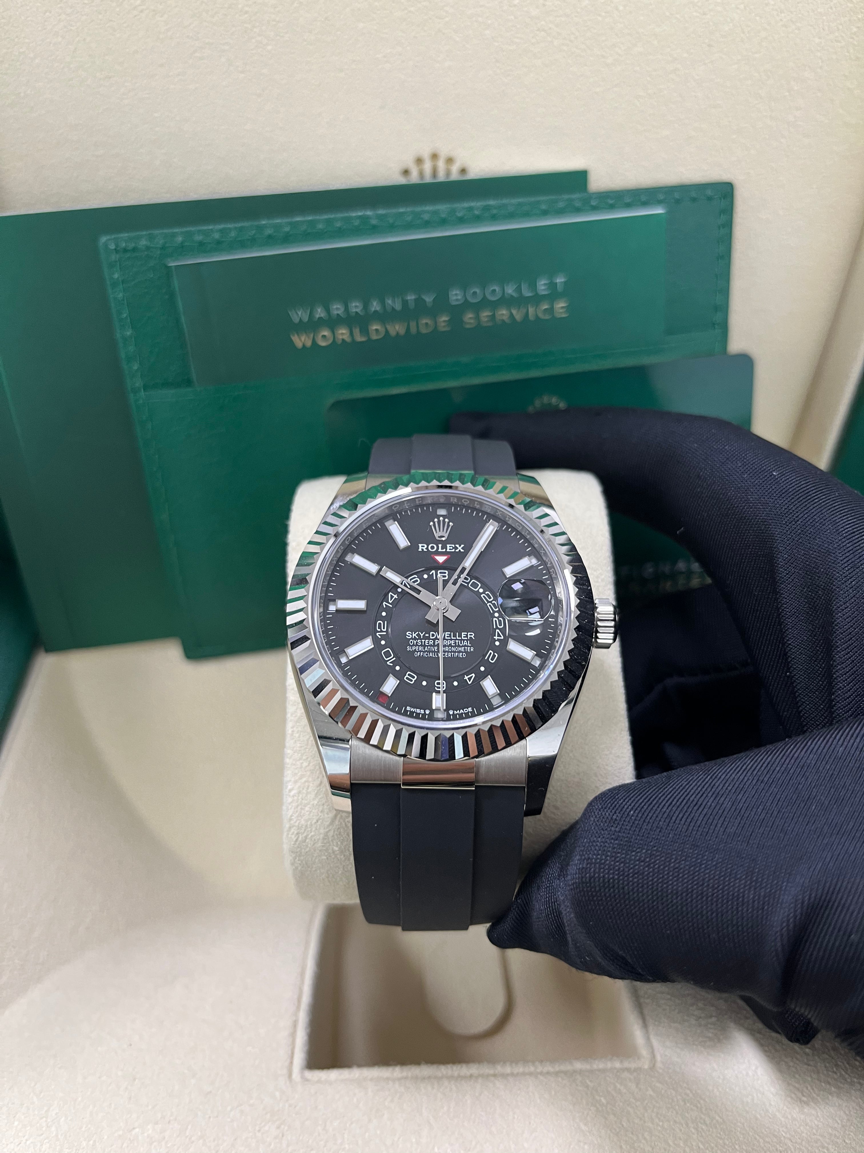 Rolex Sky-Dweller 42mm White Gold Watch with Fluted Bezel, Black Index Dial & Oysterflex Strap Ref. 336239 - Luxury GMT Master for Travel & Business Professionals