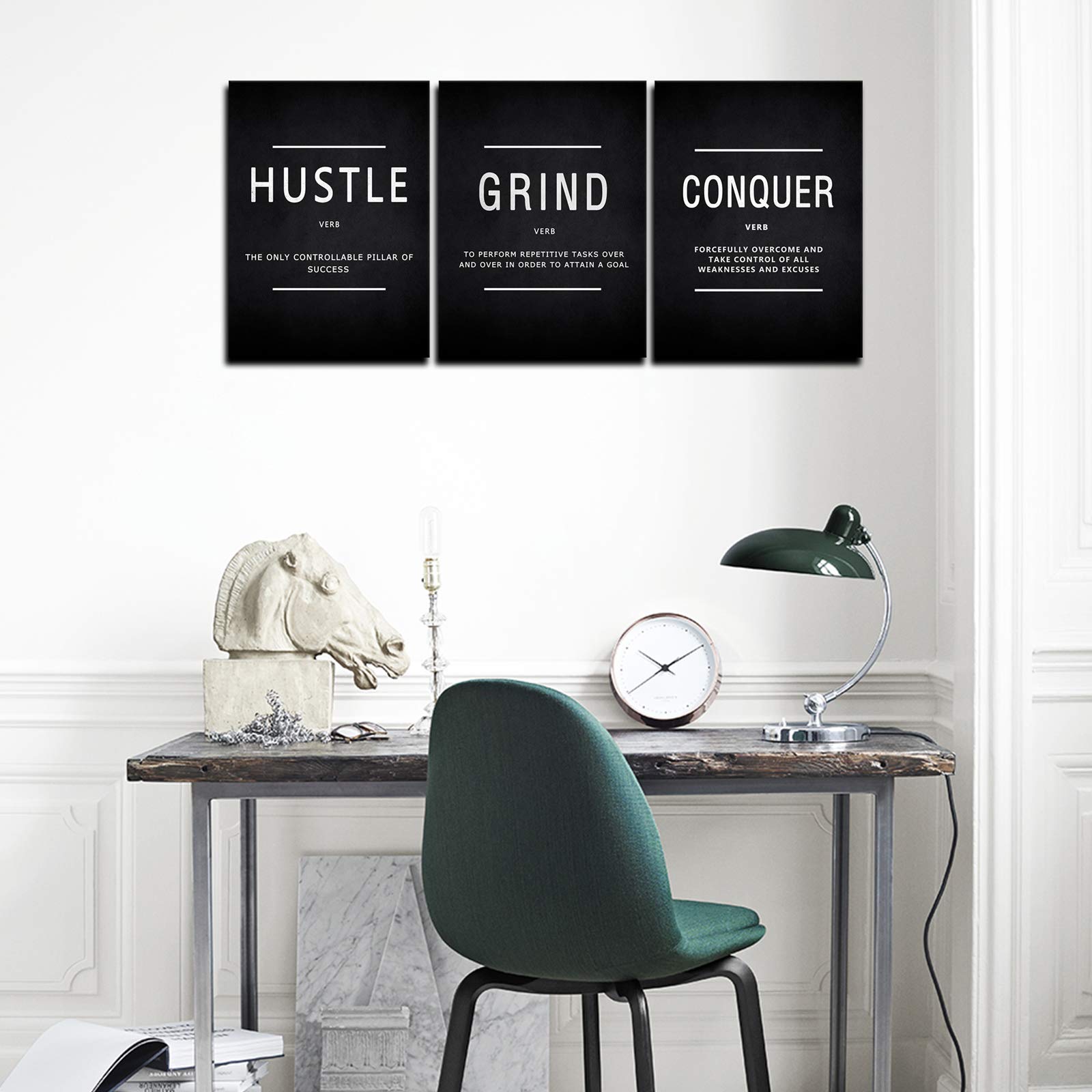 KAWAHONE Grind Hustle Conquer Motivational Wall Art - 3 Piece Framed Canvas Prints (16x24 Inch) for Home Office Decor, Workplace Inspiration & Success Quotes | Perfect for Living Room, Bedroom or Study Room