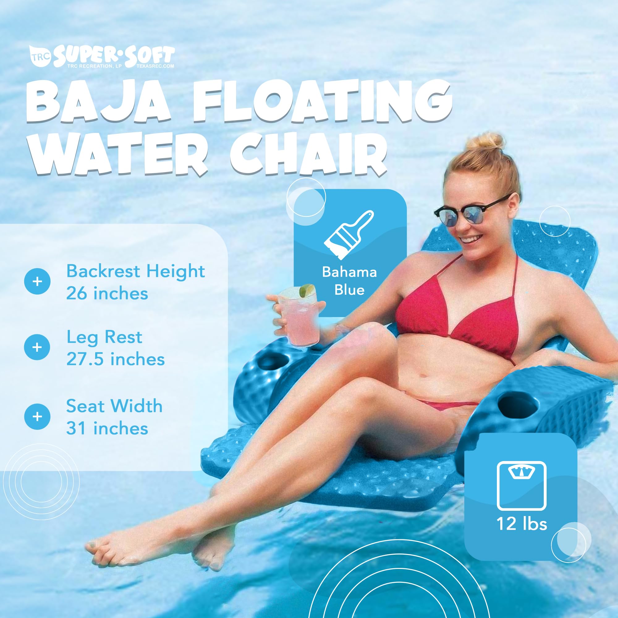 TRC Recreation Folding Baja Chair - Premium Foam Pool Float with 2 Cup Holders, Portable & Super Soft Floating Lounger for Swimming Pools, Lakes & Beaches - Perfect for Relaxing, Sunbathing & Summer Fun (Pink)