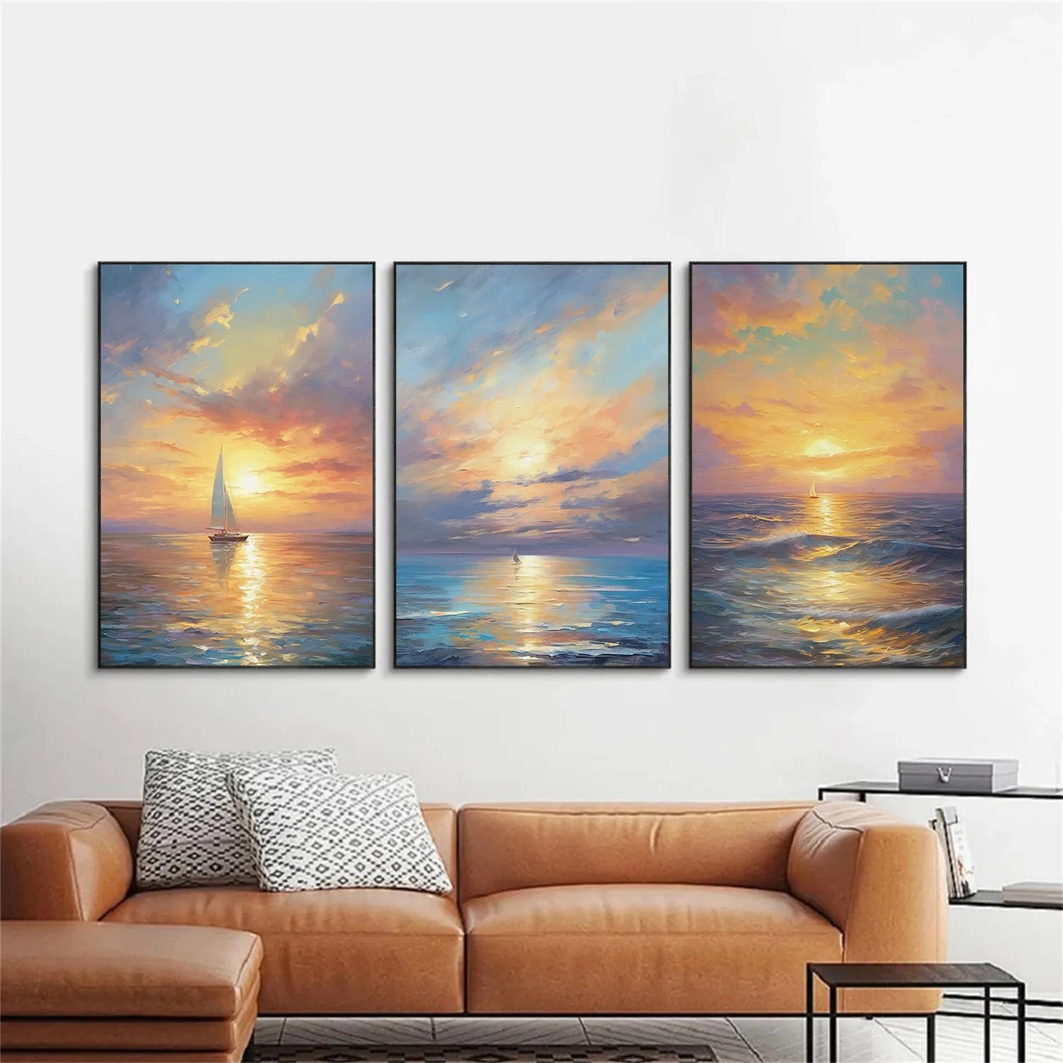 Ocean and Sky Painting Set of 3 - Coastal Wall Art Decor for Living Room, Bedroom, Office - Modern Seascape Canvas Prints (OS 215)