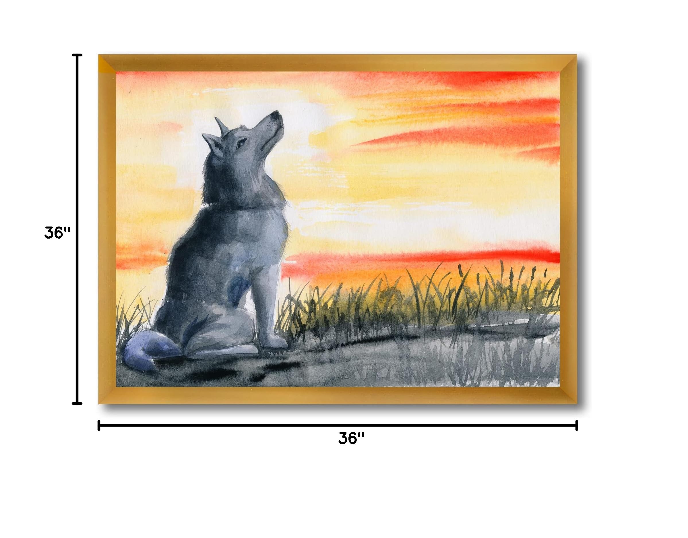 DesignQ Grey Wolf Howling at Moon Framed Wall Art - Traditional Nature Wildlife Decor for Living Room, Bedroom & Office