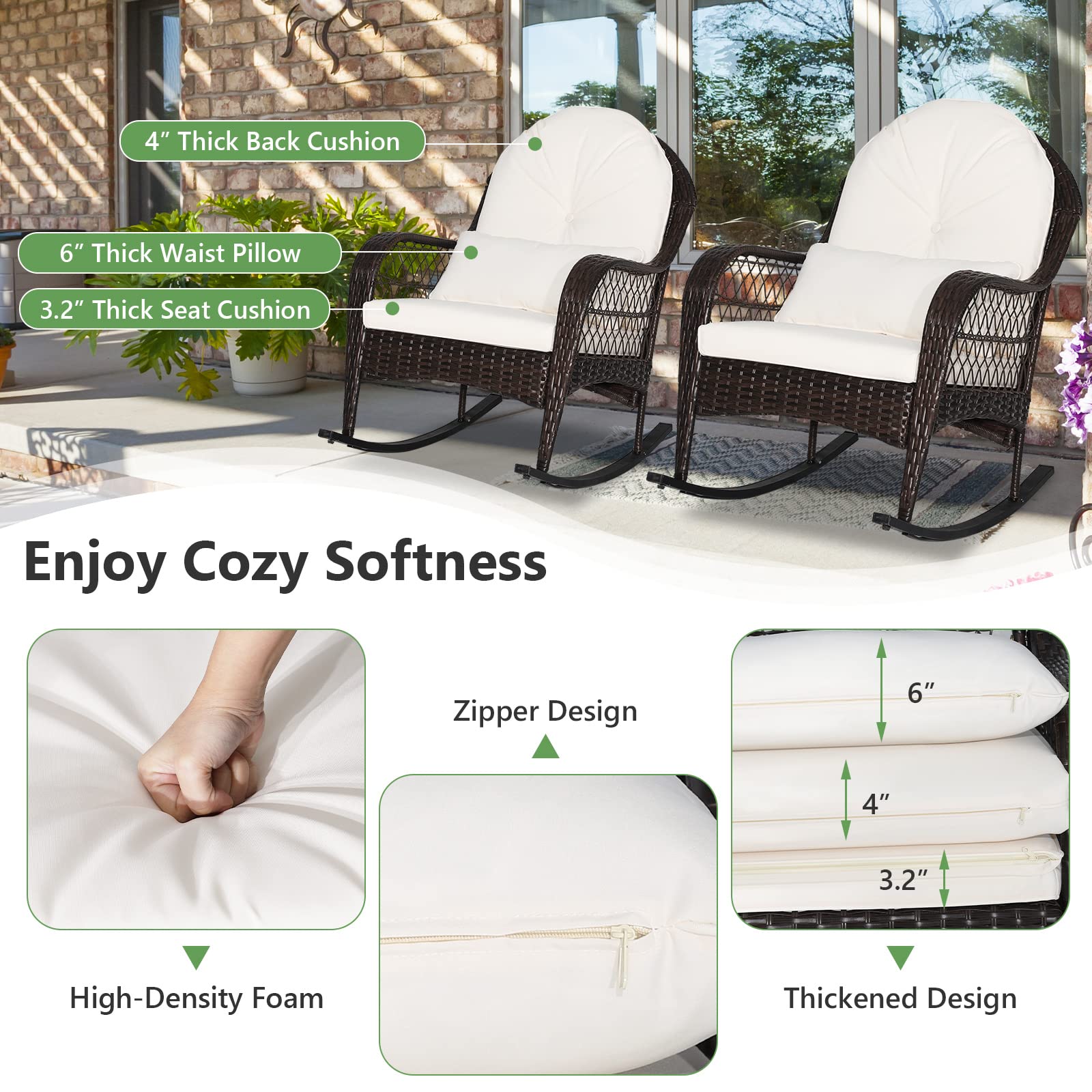 Tangkula Outdoor Wicker Rocking Chair with Cushions - Patio Rattan Rocker with Seat Back & Waist Pillow, Sturdy Metal Frame, Mix Brown Color - Perfect for Balcony, Porch, Backyard, Garden Relaxation (1, Off White)