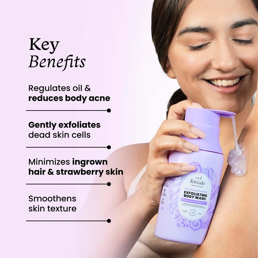 Foxtale 2% Salicylic Acid Body Wash for Acne & Ingrown Hair - Exfoliating Shower Gel with Zinc PCA for Smooth Skin - Reduces Strawberry Skin & Uneven Texture in 28 Days - 250ml Body Wash for Men & Women - Perfect for Daily Shower & Post-Workout Skincare Routine