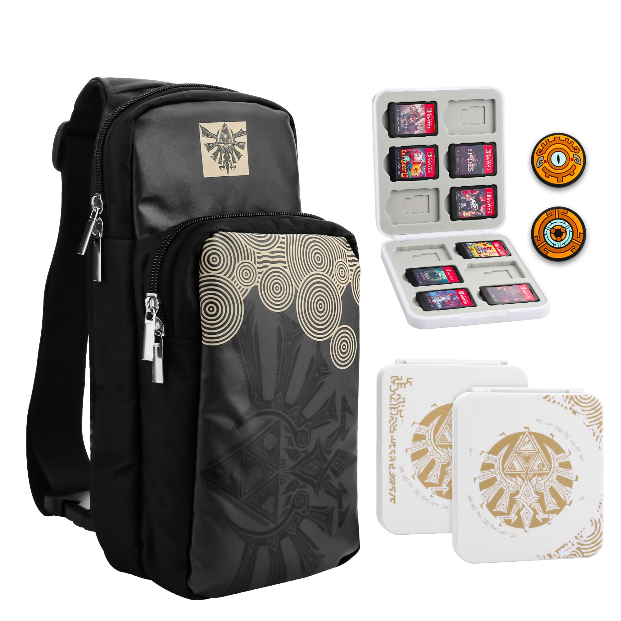 RHOTALL Black Travel Backpack for Nintendo Switch/Lite/OLED - Large Capacity Portable Carrying Case with 12 Game Slots & Thumb Grip Caps - Compatible with Chest/Shoulder Straps & Accessories Storage - Perfect for Gaming on the Go, Travel, and Commuting