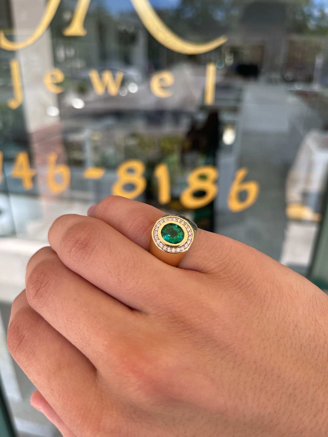 1.95tcw Natural Emerald & Diamond Halo Men's Ring in 14K Gold - Elegant Wedding Band, Anniversary Gift for Him, Perfect for Special Occasions
