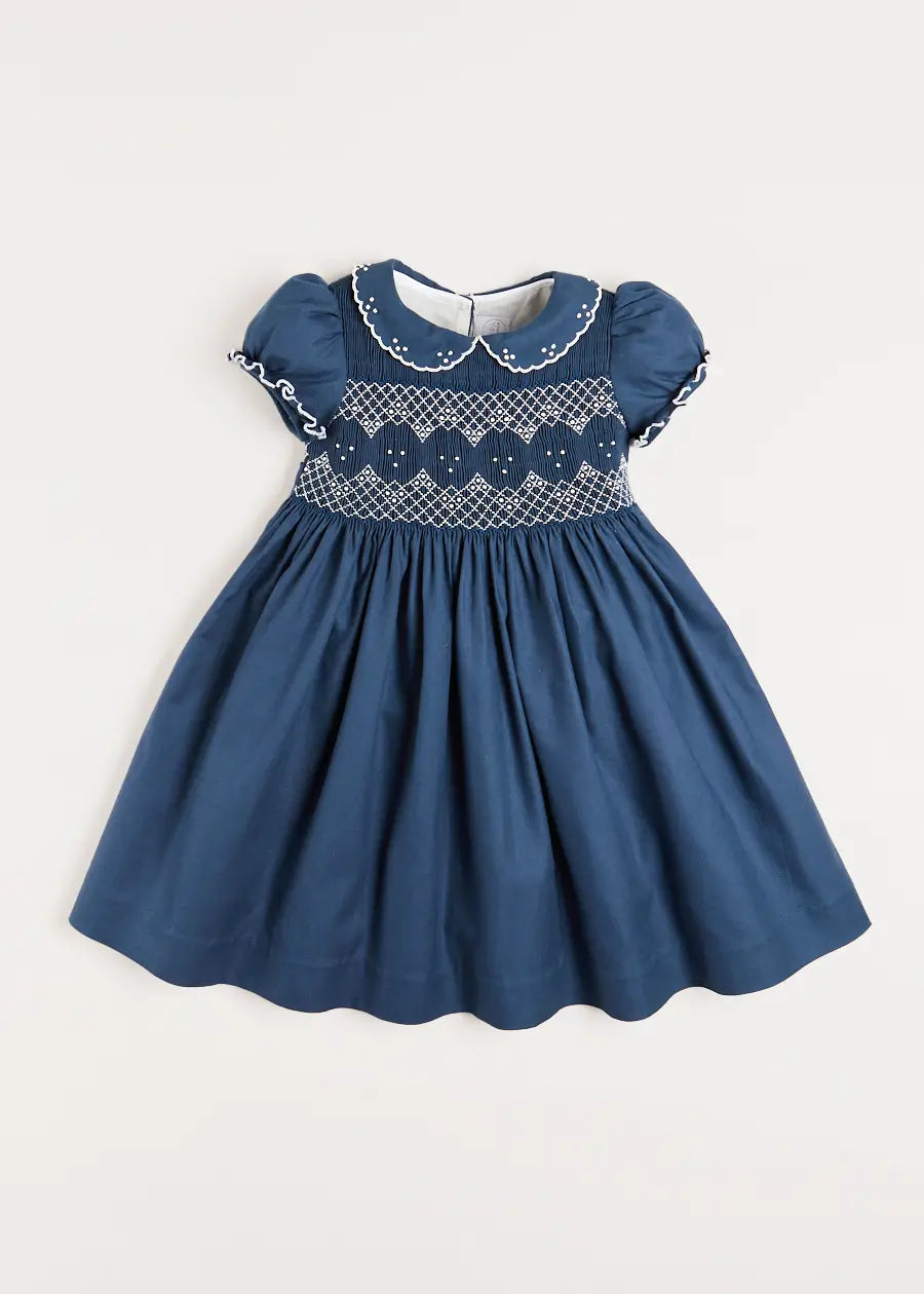 Royal Blue Hand Smocked Short Sleeve Dress for Girls (12 Months - 10 Years) - Perfect for Birthday Parties, Easter Outfits & Special Occasions